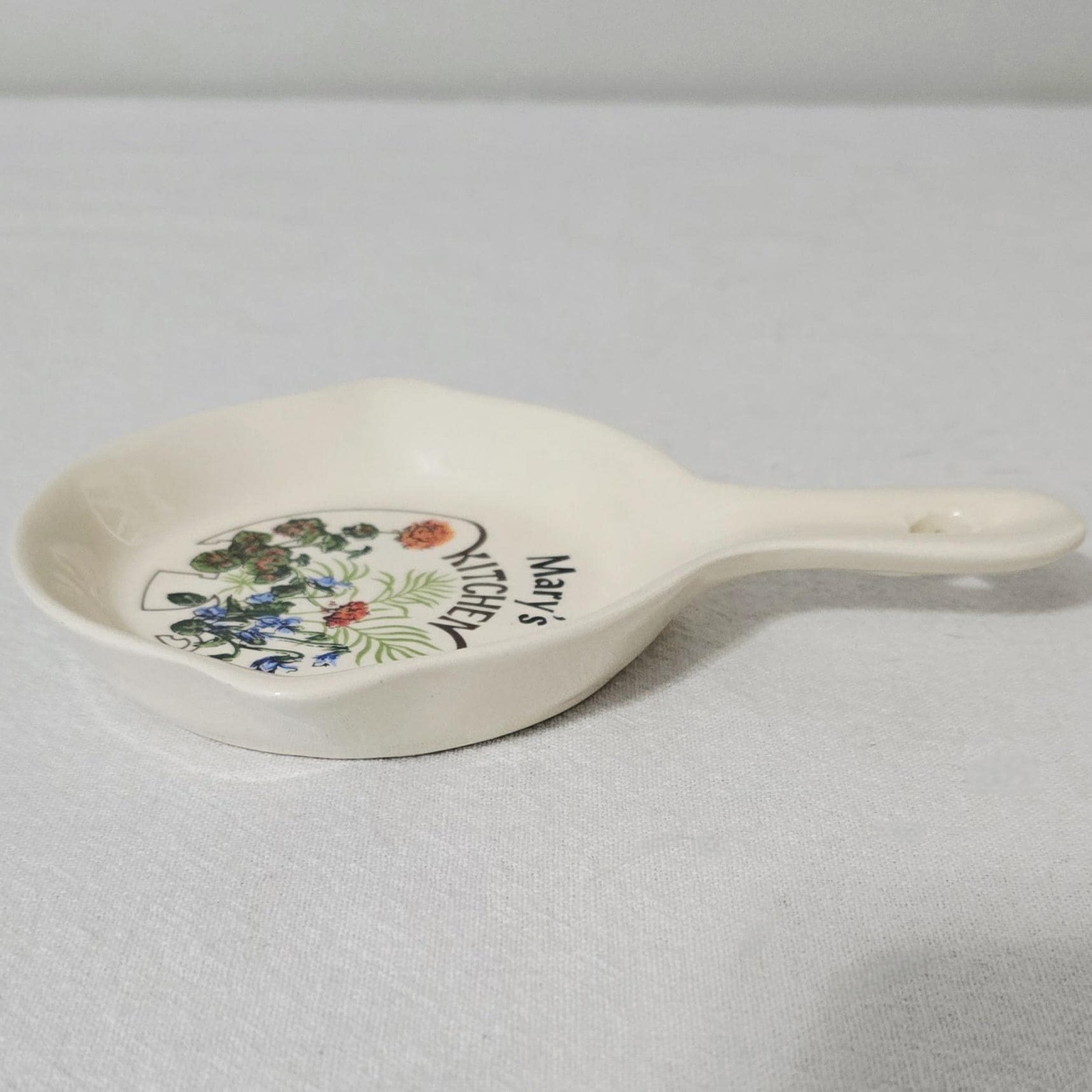 Vintage Ceramic Skillet Spoon Rest, Mary’s Kitchen, Floral Wall Hanging Trivet