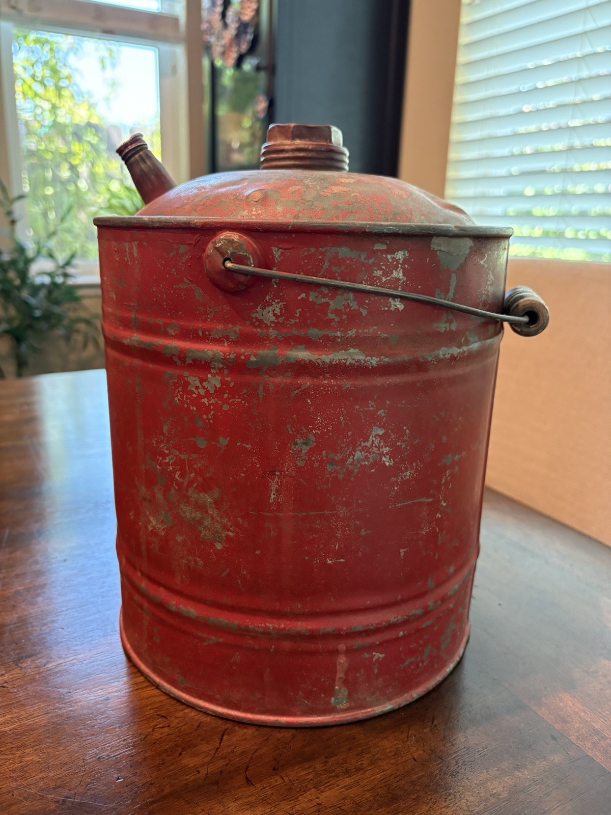 Antique 1 gal. Gasoline Can w/ Wood Handle 1940s Nice Spout Vtg Screw Cap
