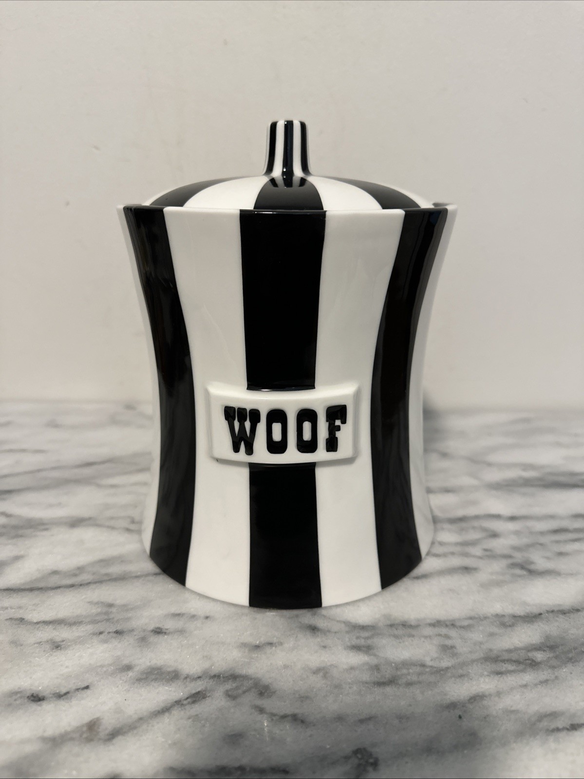 Jonathan Adler “WOOF” Striped Ceramic Canister Jar Black White With Lid Exc!
