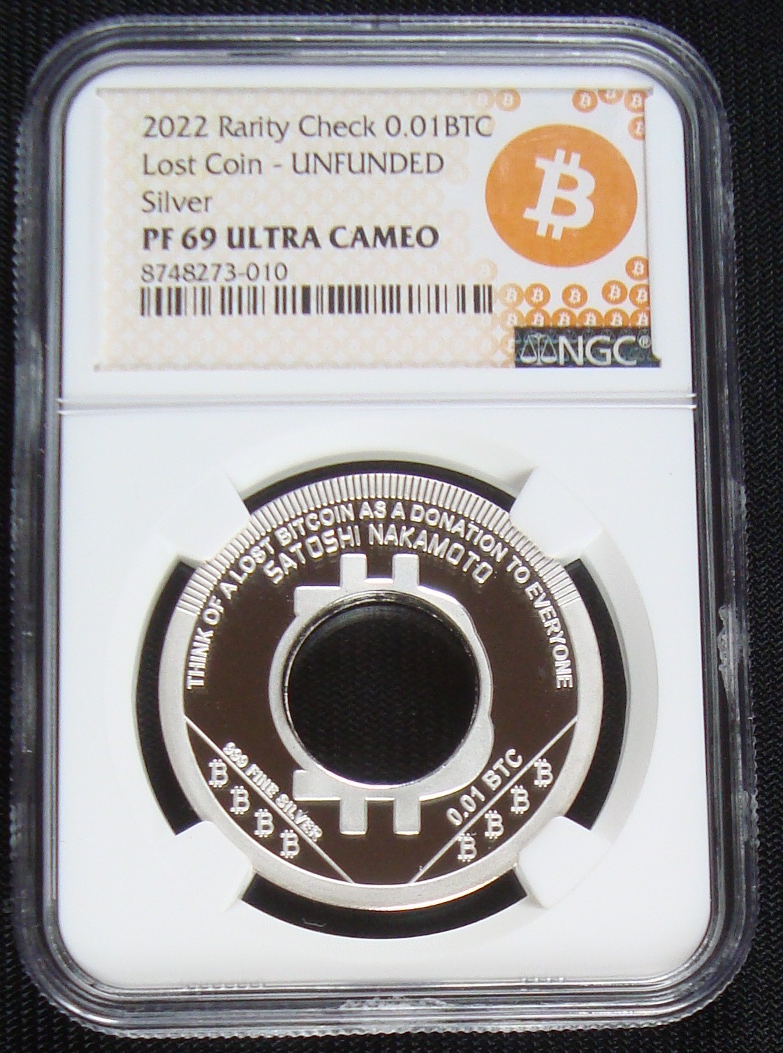 2022 Rarity Check Silver Unfunded „Lost Coin“ 0.01 Bitcoin BTC NGC PF69 UCAM