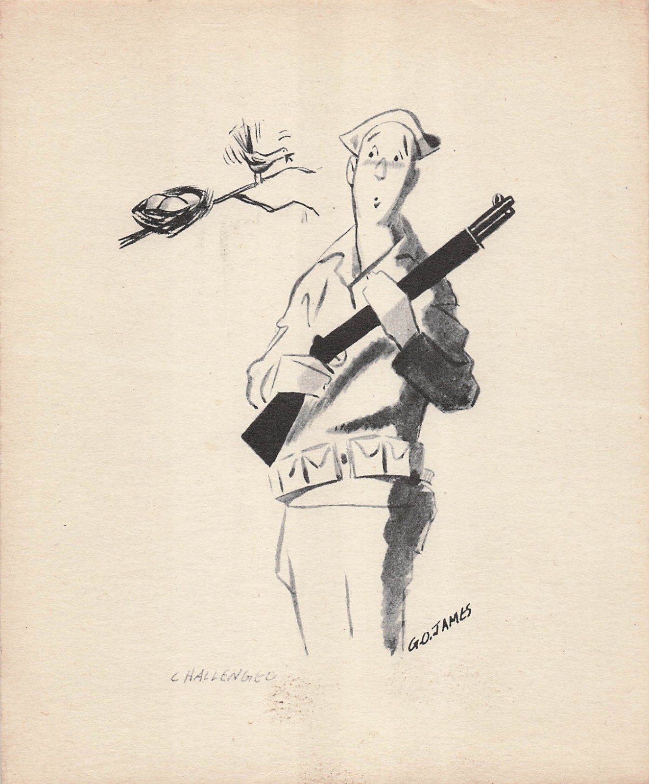 G.O James Vintage Cartoon One Panel Military 1940s „Challenged“ Soldier And Bird