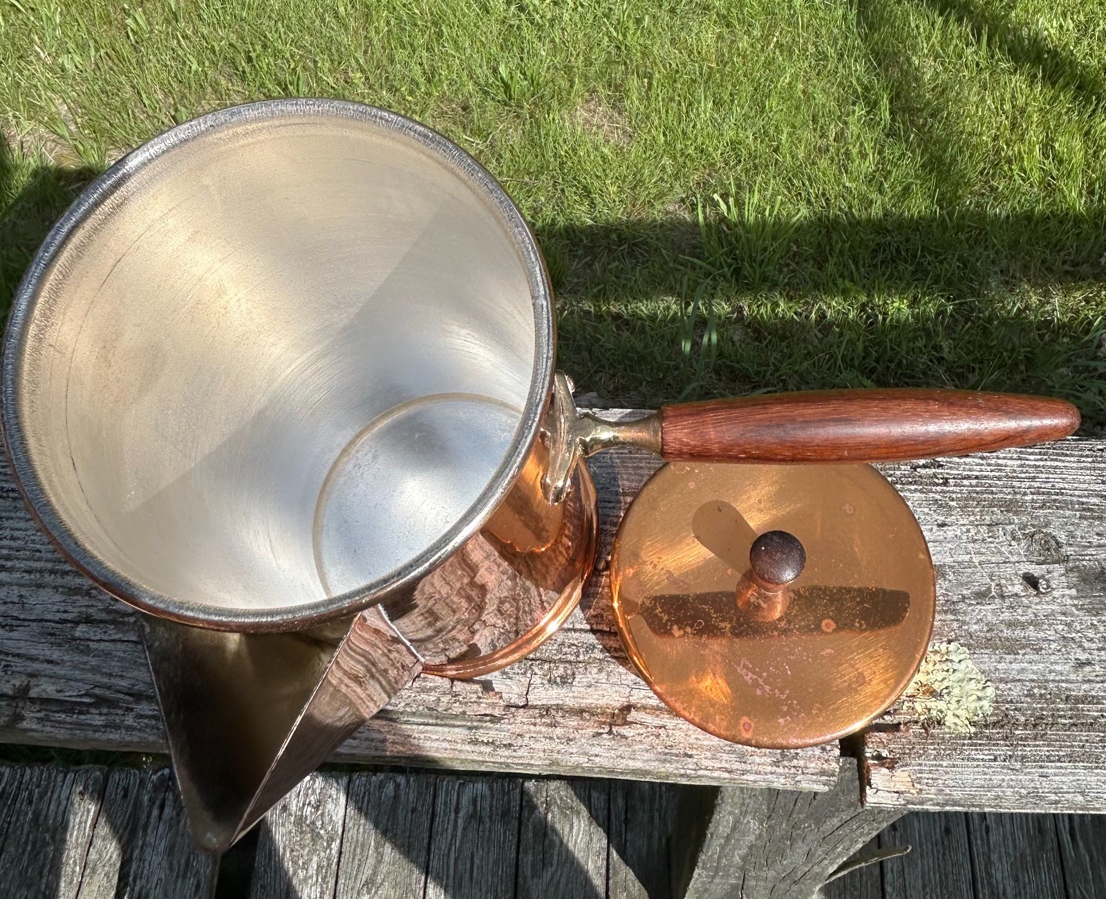 Vtg. Lined Copper Coffee Chocolate Tea Pot MCM Decorative Metal w Wood Handles
