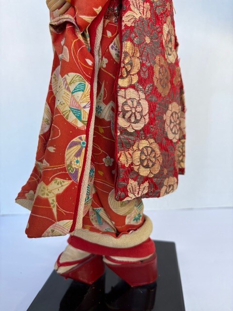 Vintage Japanese Geisha Doll In Traditional Kimono, Hand Made on Wood Base 18″