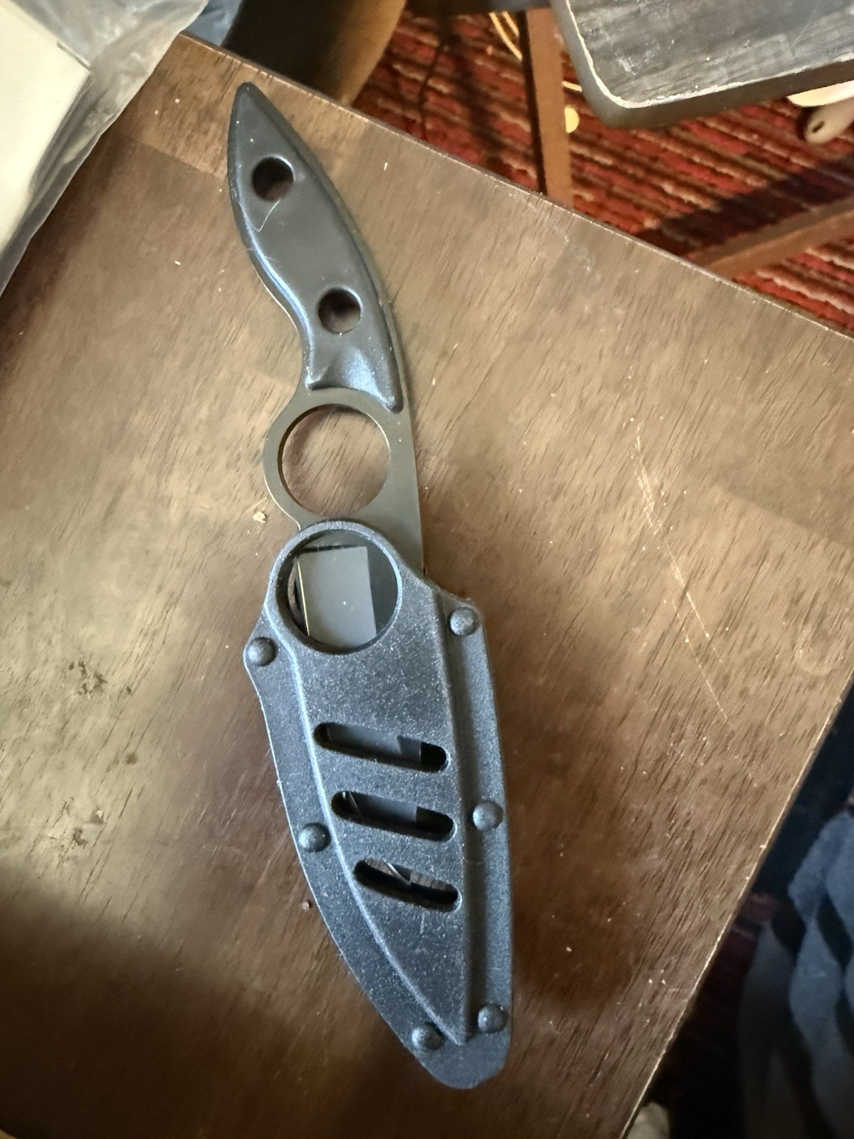 Black Drop Point Fixed Blade EDC Knife, Full Tang Plain Edge, Sheath, Ring