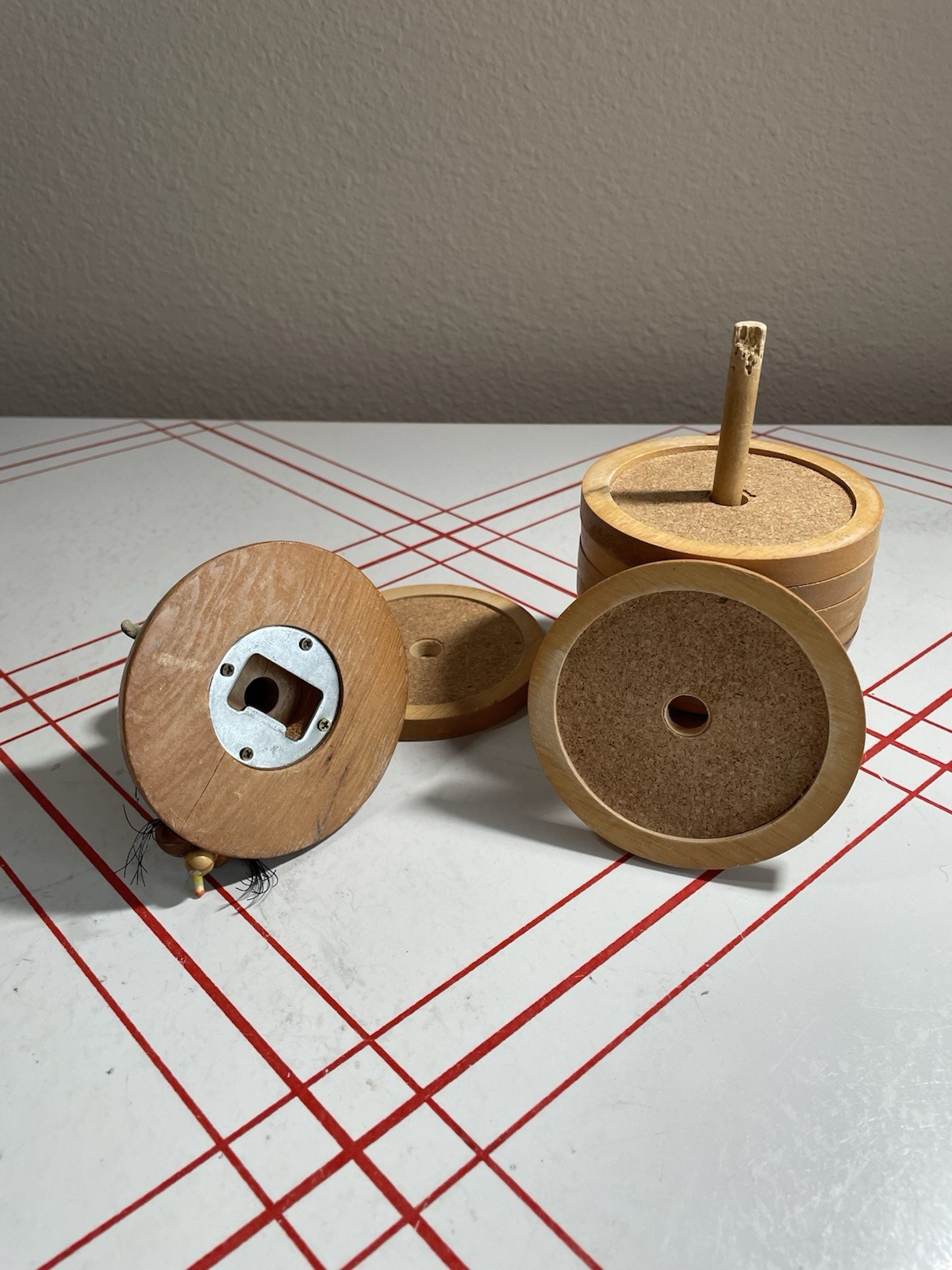 Vintage MCM Hans Bolling Style Teak Wood And Cork Coaster Set With Bottle Opener