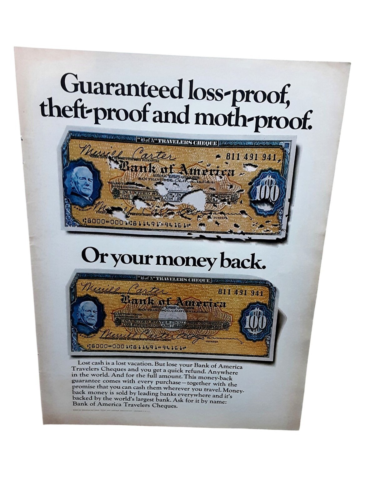 1970 Bank of America Travelers Cheques Vintage Print Ad Money Back