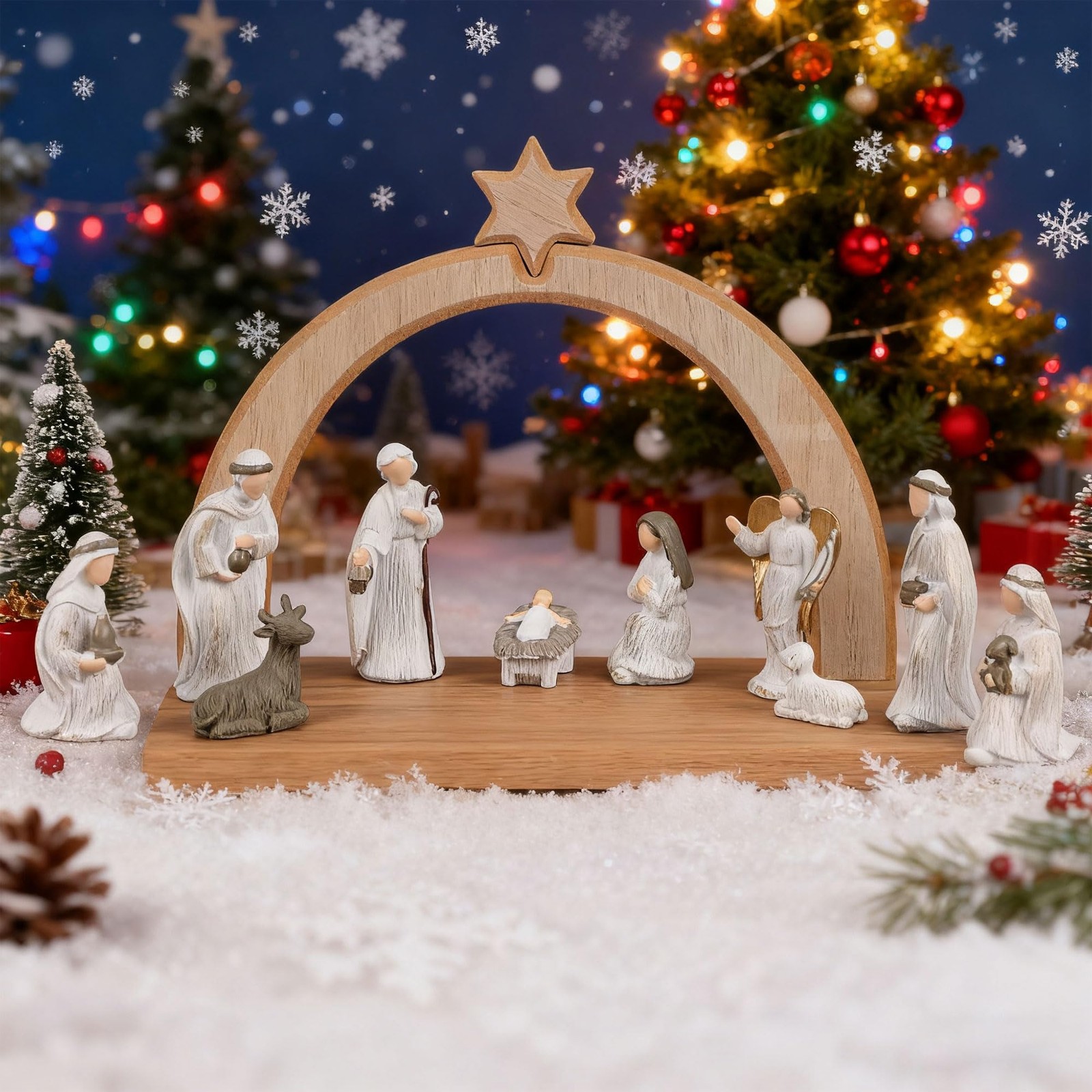 11 Pcs Christmas Scene Nativity Set, Holy Family Scene with Wooden Arched Sta…