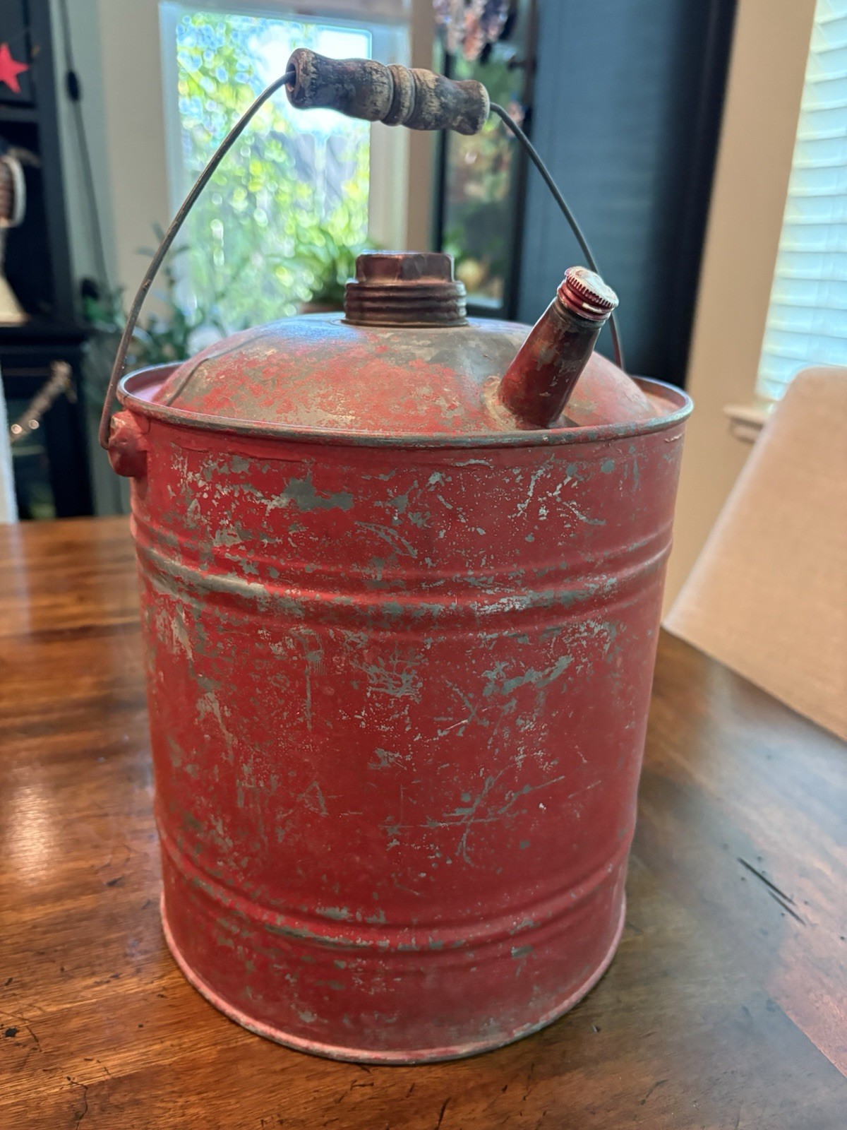Antique 1 gal. Gasoline Can w/ Wood Handle 1940s Nice Spout Vtg Screw Cap