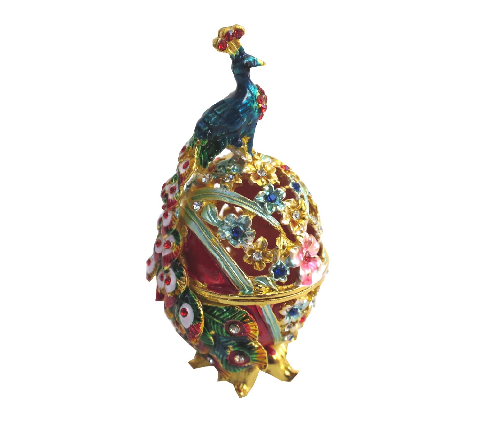 Bejeweled “ Peacock on Faberge Egg “ Hinged Metal Enamel trinket Box