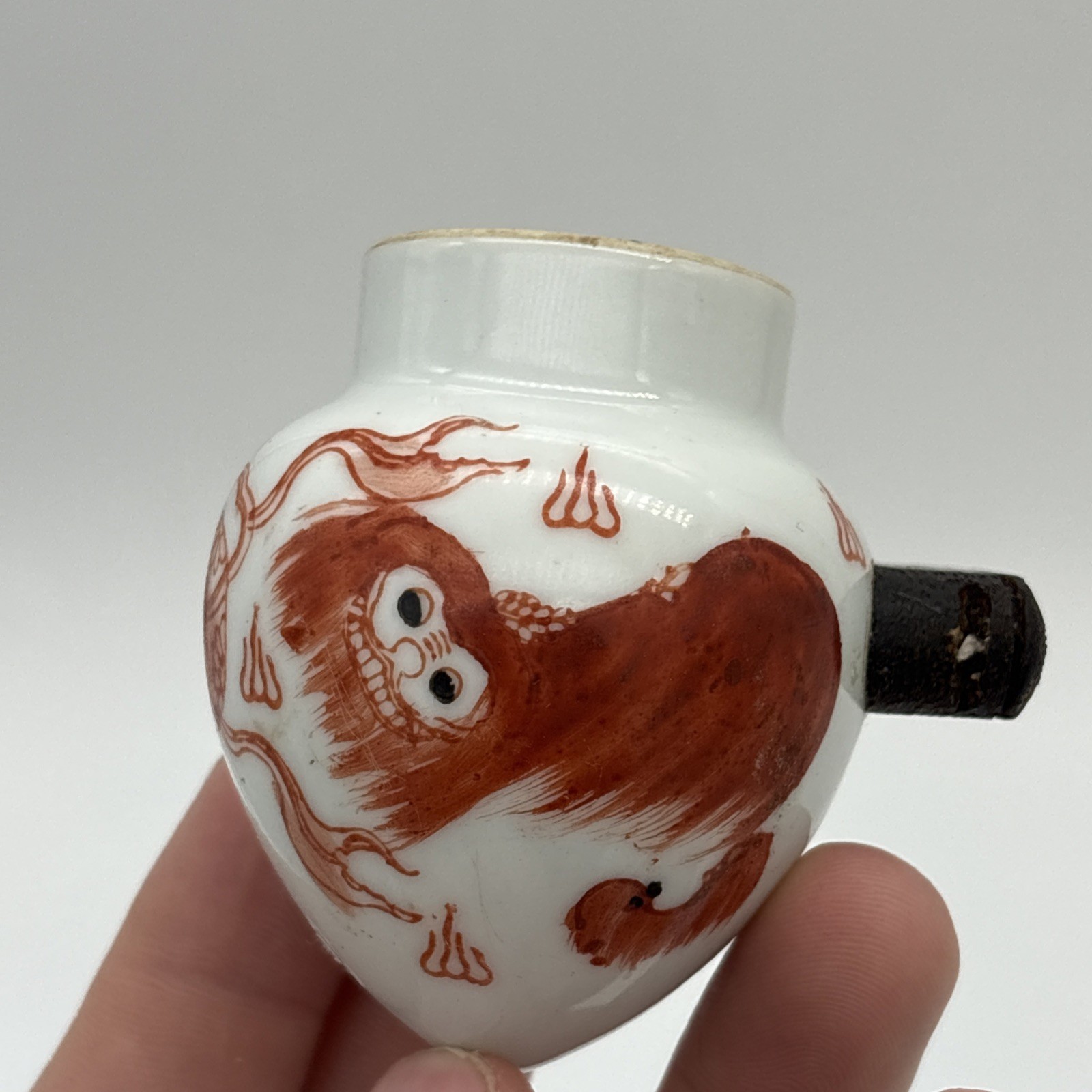 Antique Chinese Hand Painted Porcelain Cage Bird Feeders with Foo Dogs / Lions
