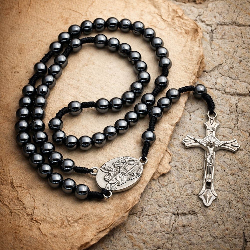 Saint St Michael Medal 12″ Cord Rosary Black Hematite Beads Rosario San Miguel