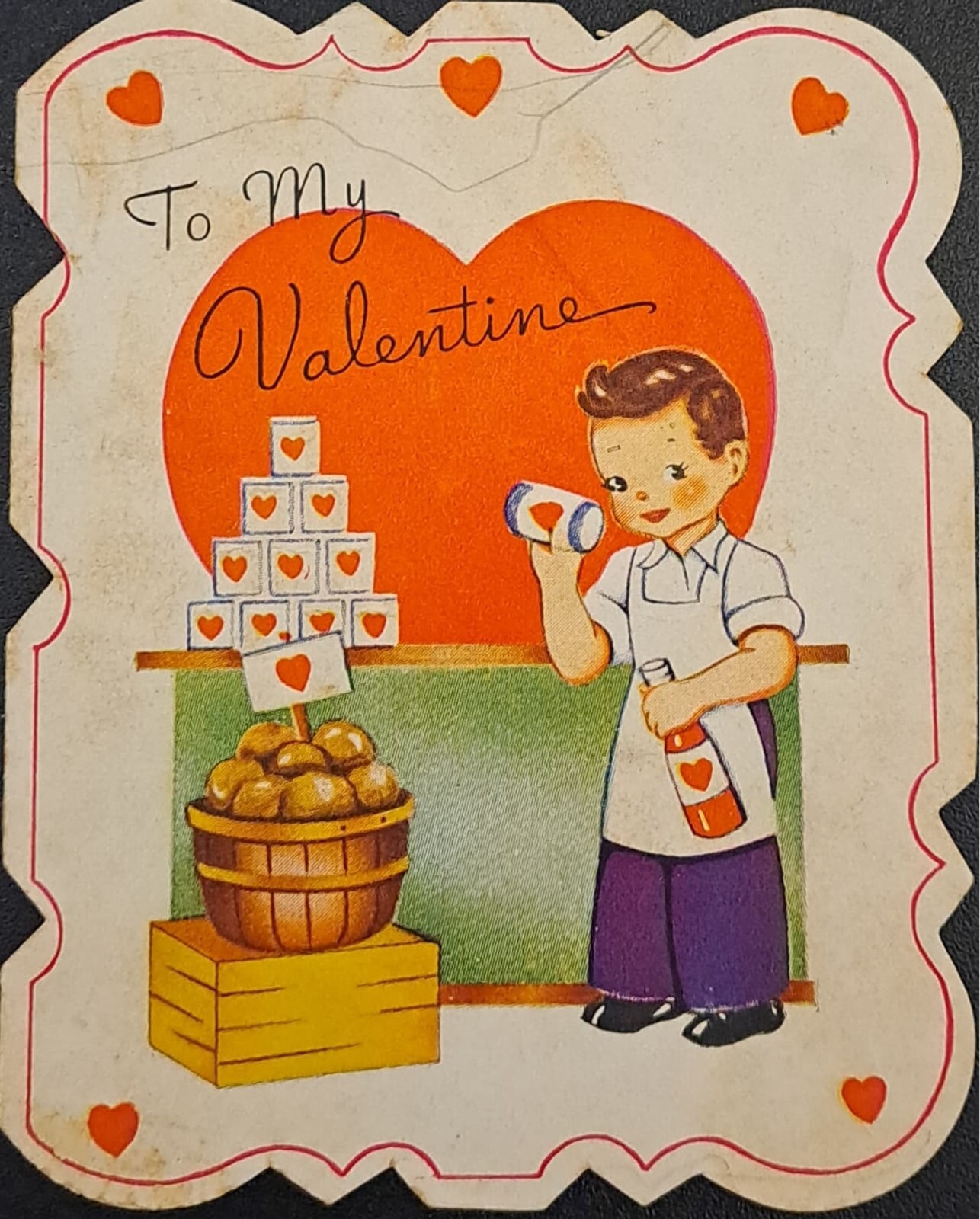 Valentine Vintage A-Meri-Card – Grocery Store Boy – Die-Cut Scalloped Border