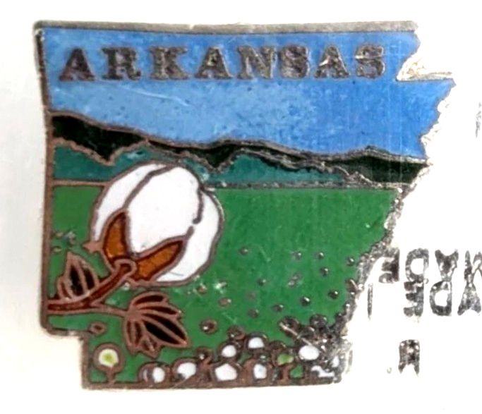 Arkansas State Map Cotton Field Mountain Scene Souvenir Pin Vintage Mafco NOS