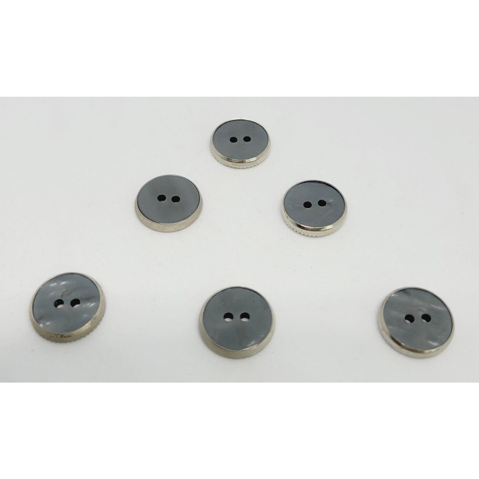 Lot of 6 VTG Buttons 60s Pearlized Gray with Silver Ridged Edge 2-Hole 1/2 inc