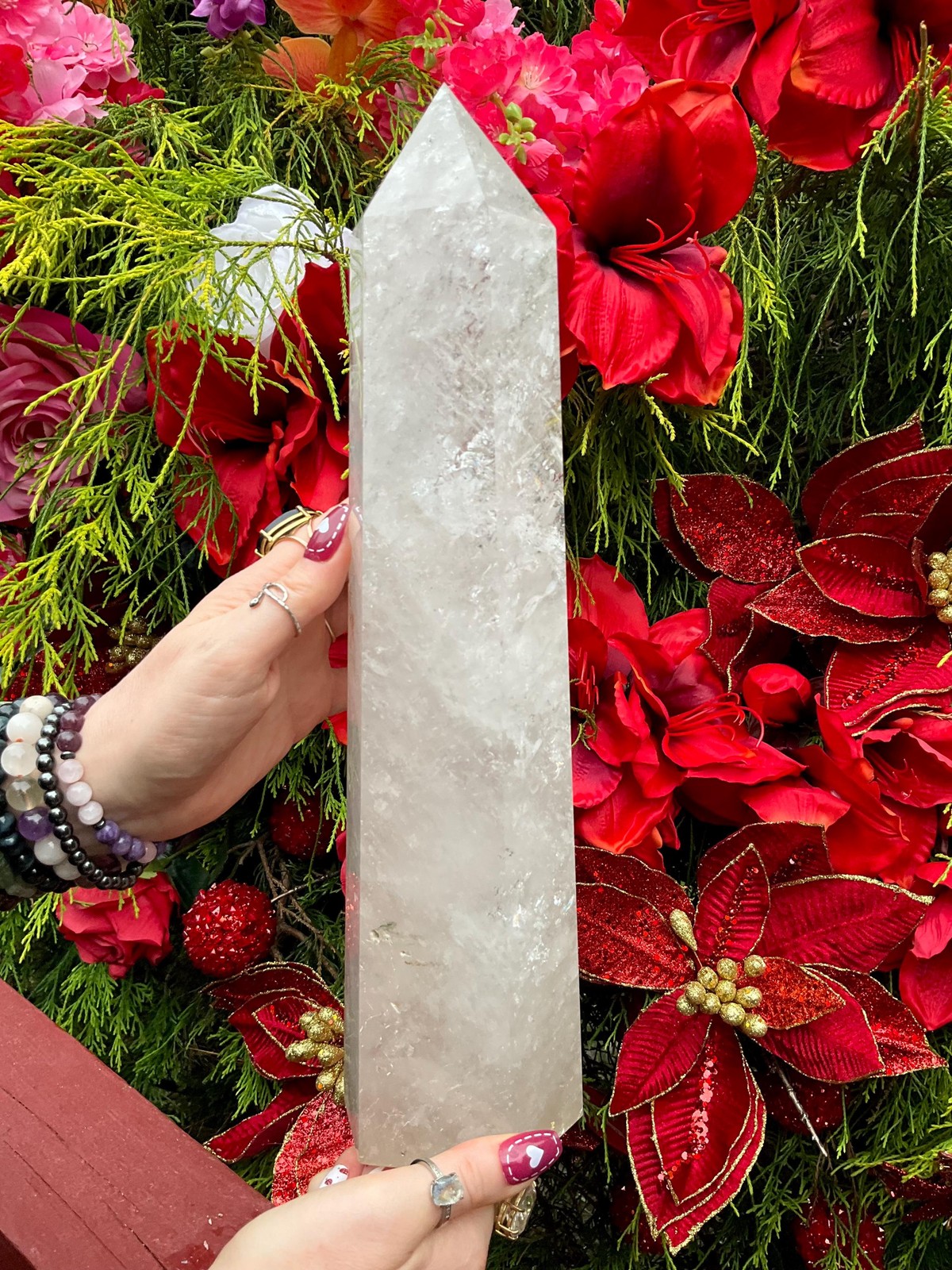 Clear Quartz Crystal Generator ~ Large 7 lb. 9 oz. ~ 14″ Tall ~ Red Phantom Spa