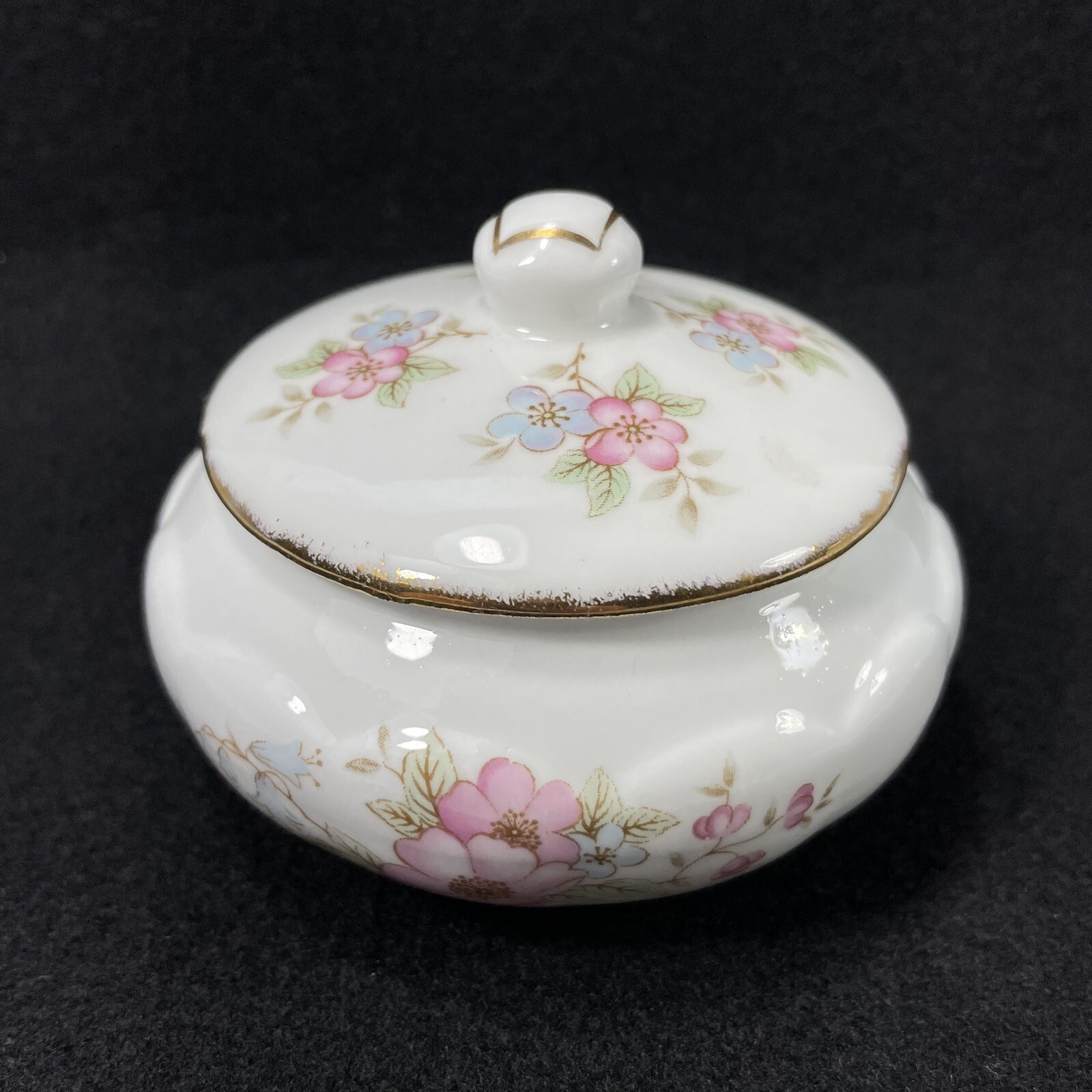 Lefton Bone China Porcelain Keepsake Trinket Jar Round Floral Gold Trim