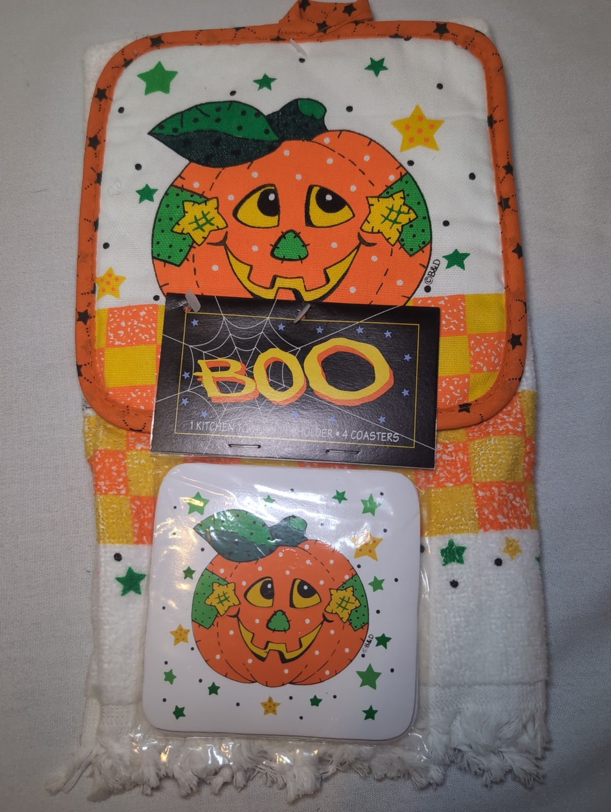 Vintage NOS Halloween Kitchen Set Hand Towel Potholder & 4 Coasters Set B&D