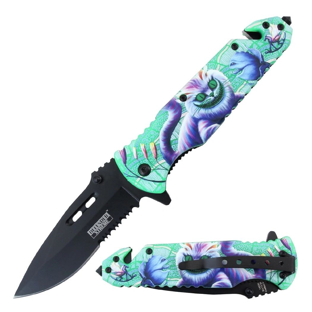 8.5in Cheshire Cat Spring Assisted Folding Knife W/ Belt Cutter & Glass Breaker