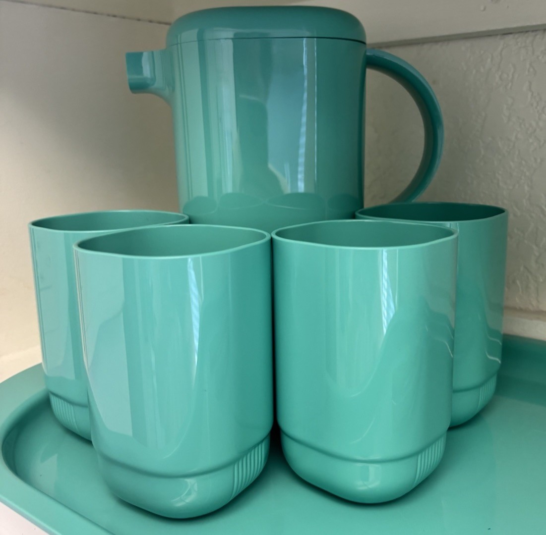 GUZZINI Italy “Amanda” Teal Blue Ice Bucket w/Cups & Pitcher RARE COLOR