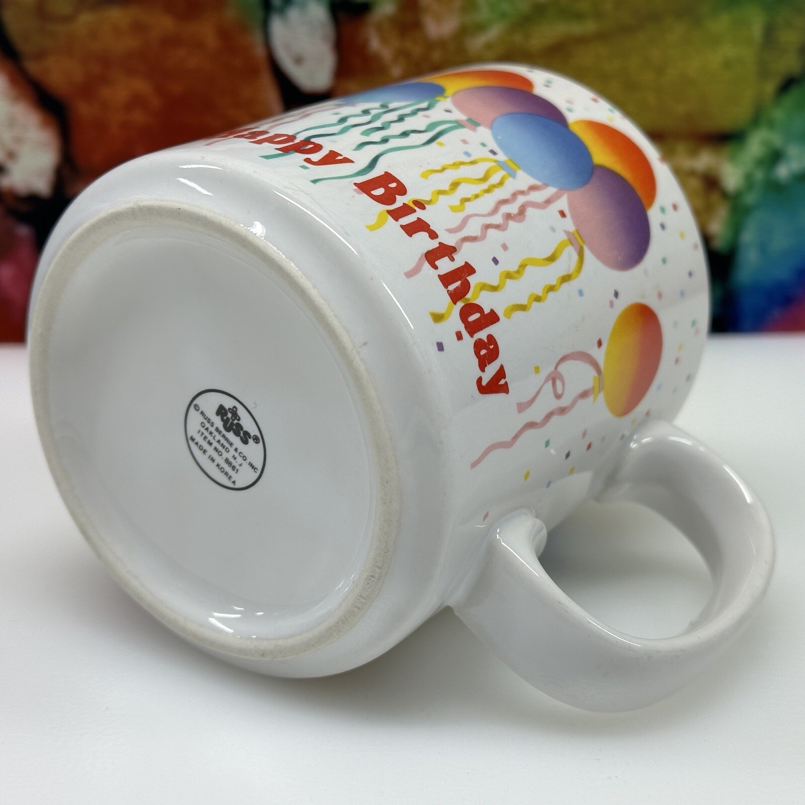 Happy Birthday RUSS Coffee Mug Cup Balloons Confetti Party Present Gift Clean!