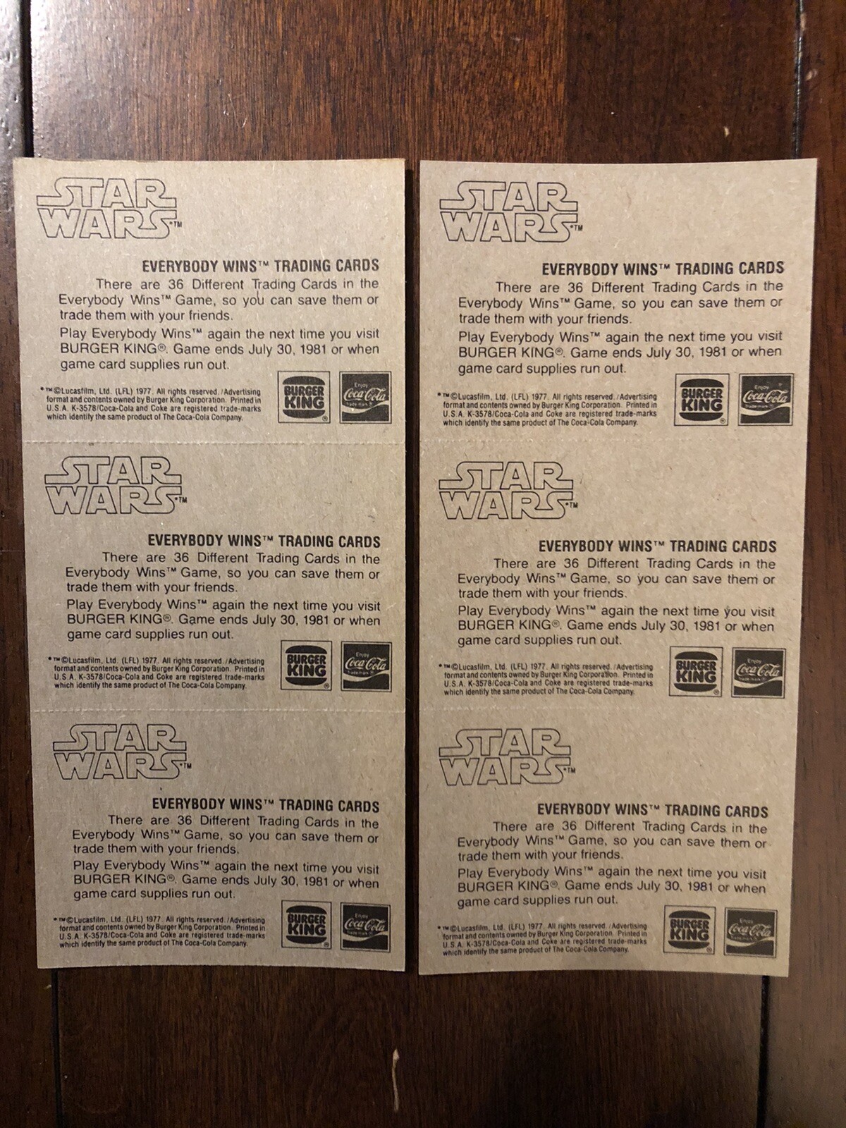 1981 Burger King/Coca-Cola Star Wars 18 Card Set (6) 3 Card Uncut Panels Mint!