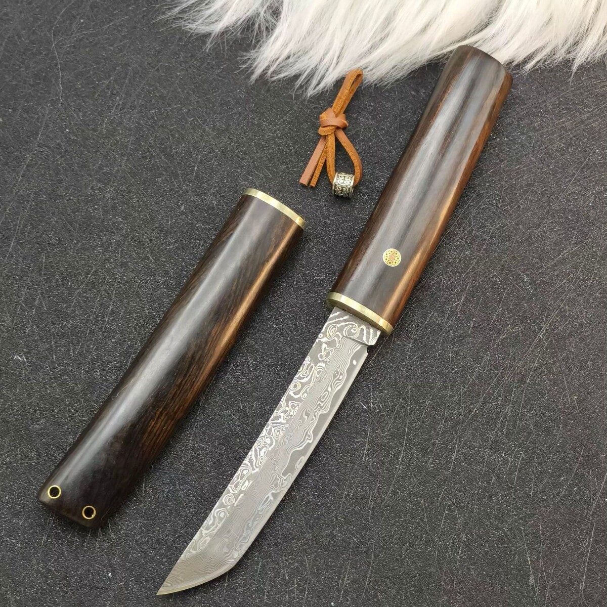 Damascus Outdoor Knife Ebony Handle Sharp Blade for Camping Hiking