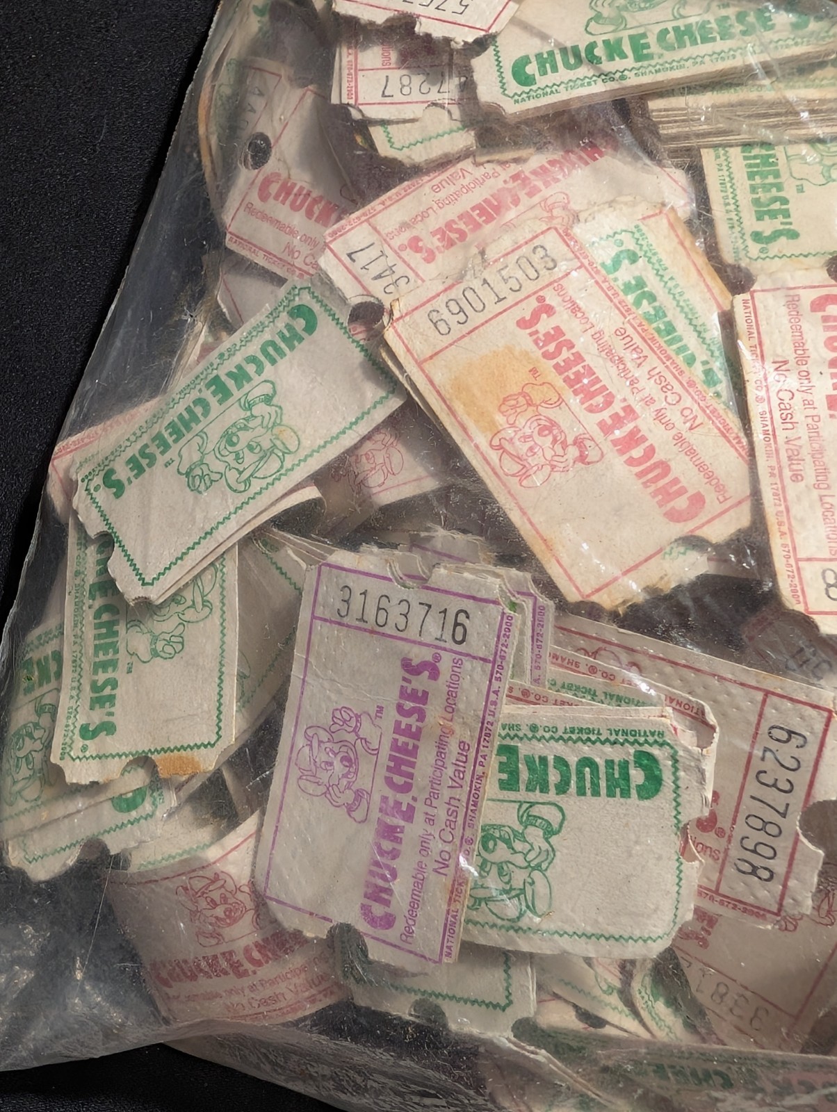 Huge 90s Vintage Chuck E Cheese Lot of Game Tickets Bag Full Plus Notepad & Bag
