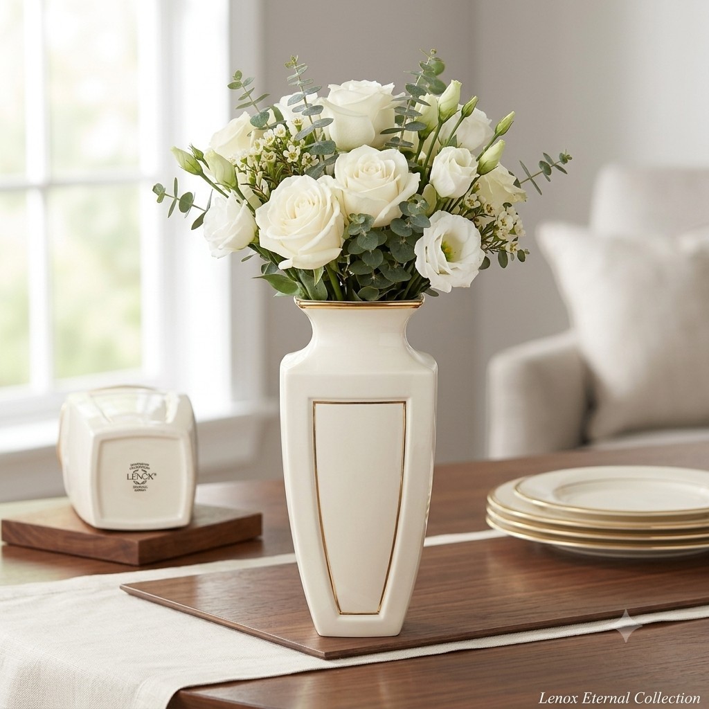 Lenox Eternal Dimension Collection 10″ Ivory Porcelain Vase w/ 24K Gold Trim USA