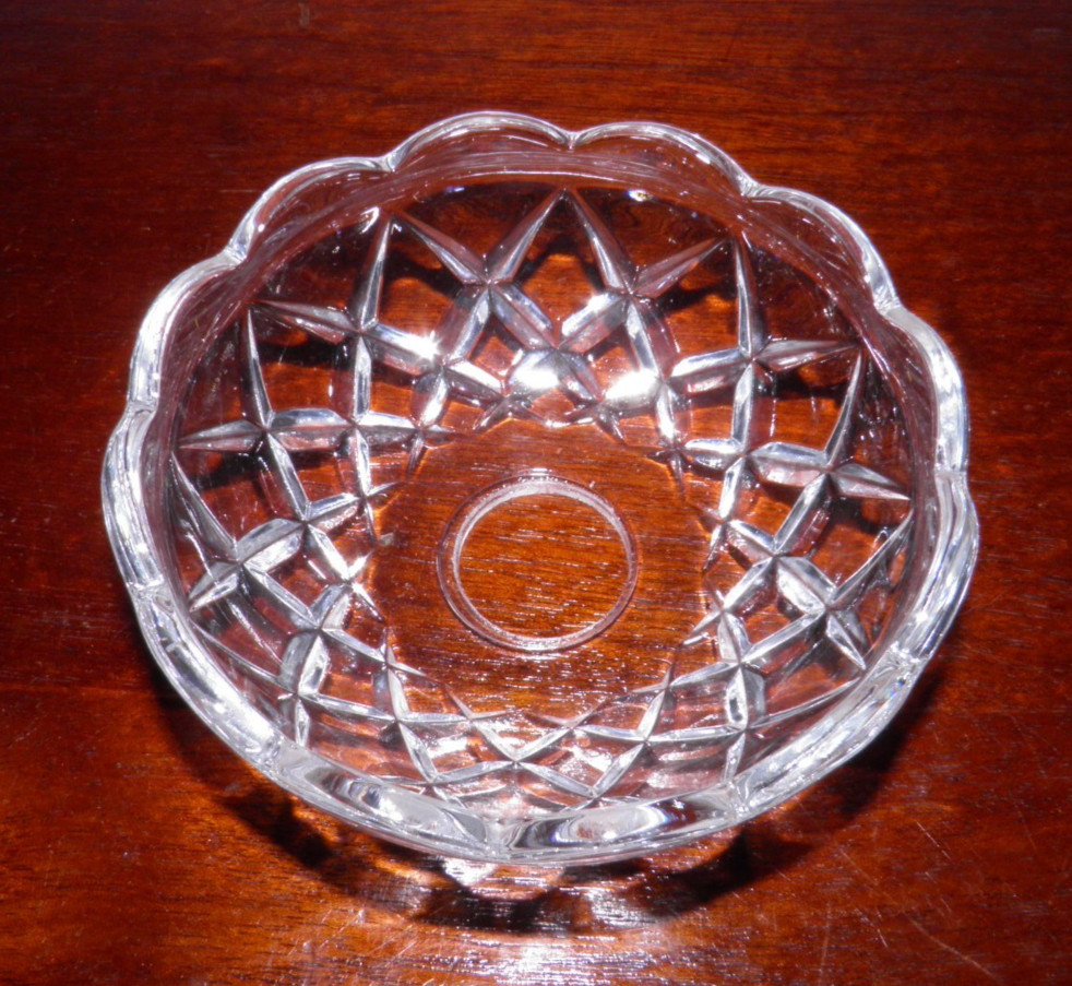 Vintage, crystal glass, diamond pattern, no holes, chandelier bobeche. 4″D