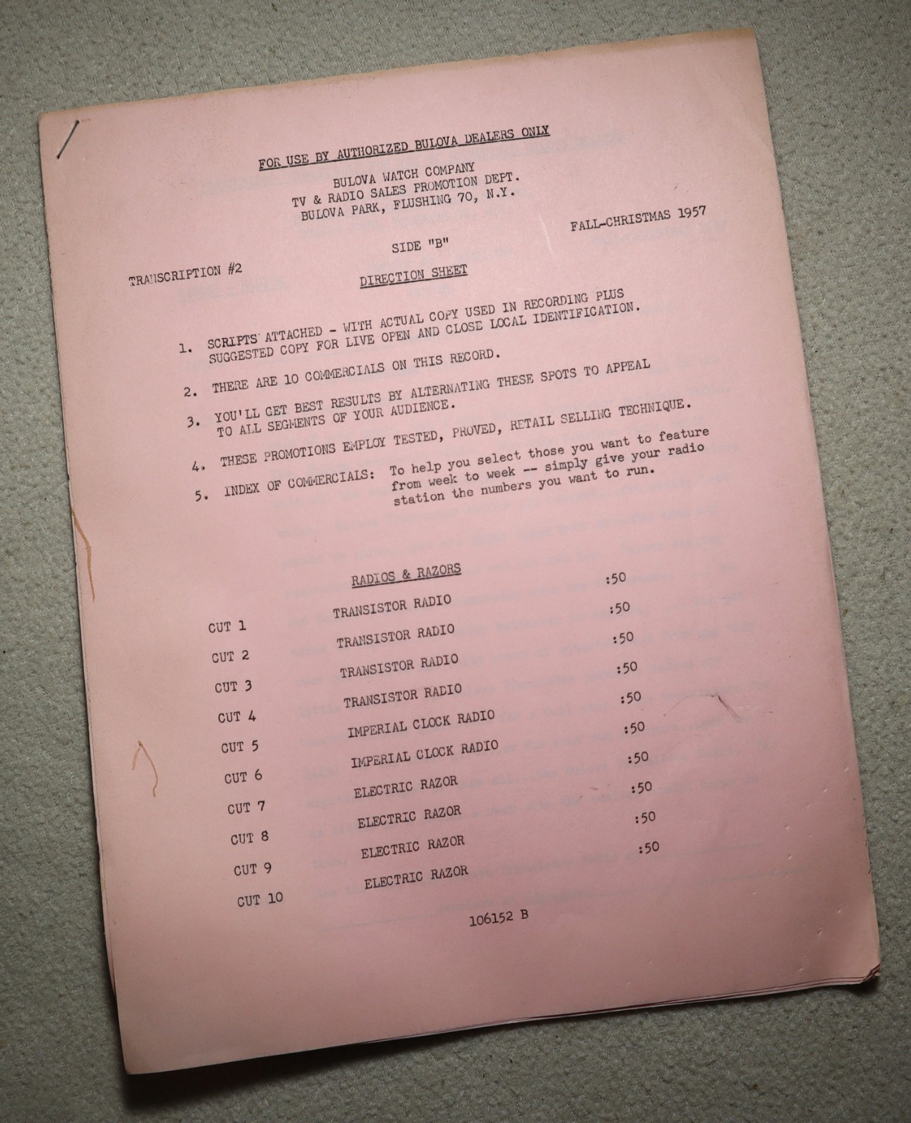 1957 BULOVA TYPED COMMERCIAL TRANSCRIPTS FOR AUTHORIZED BULOVA DEALERS