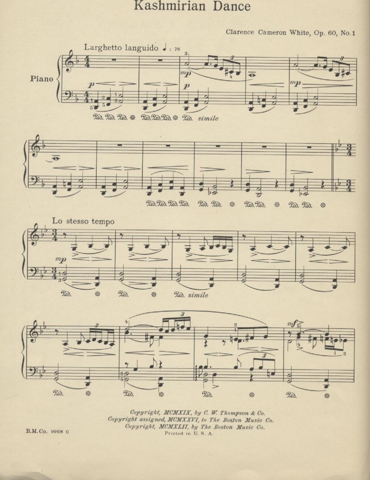 RARE AFRICAN AMERICAN COMPOSER SIGNED MUSIC CLARENCE CAMERON WHITE BOSTON