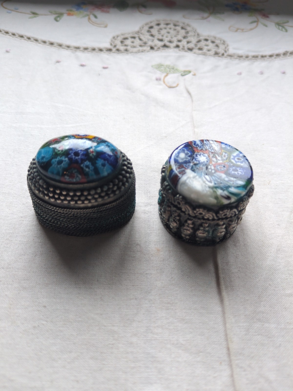 Vintage Millefiori Ornate Silver Color Pillbox/Trinket Box, India, Lot Of 2