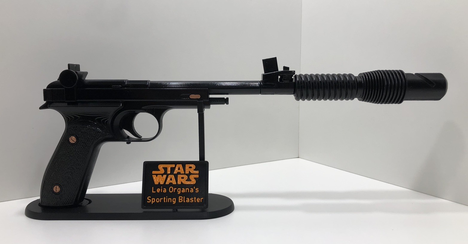 Star Wars Princess Leia Blaster – 15″ 3D Printed Prop + Display Stand – Black