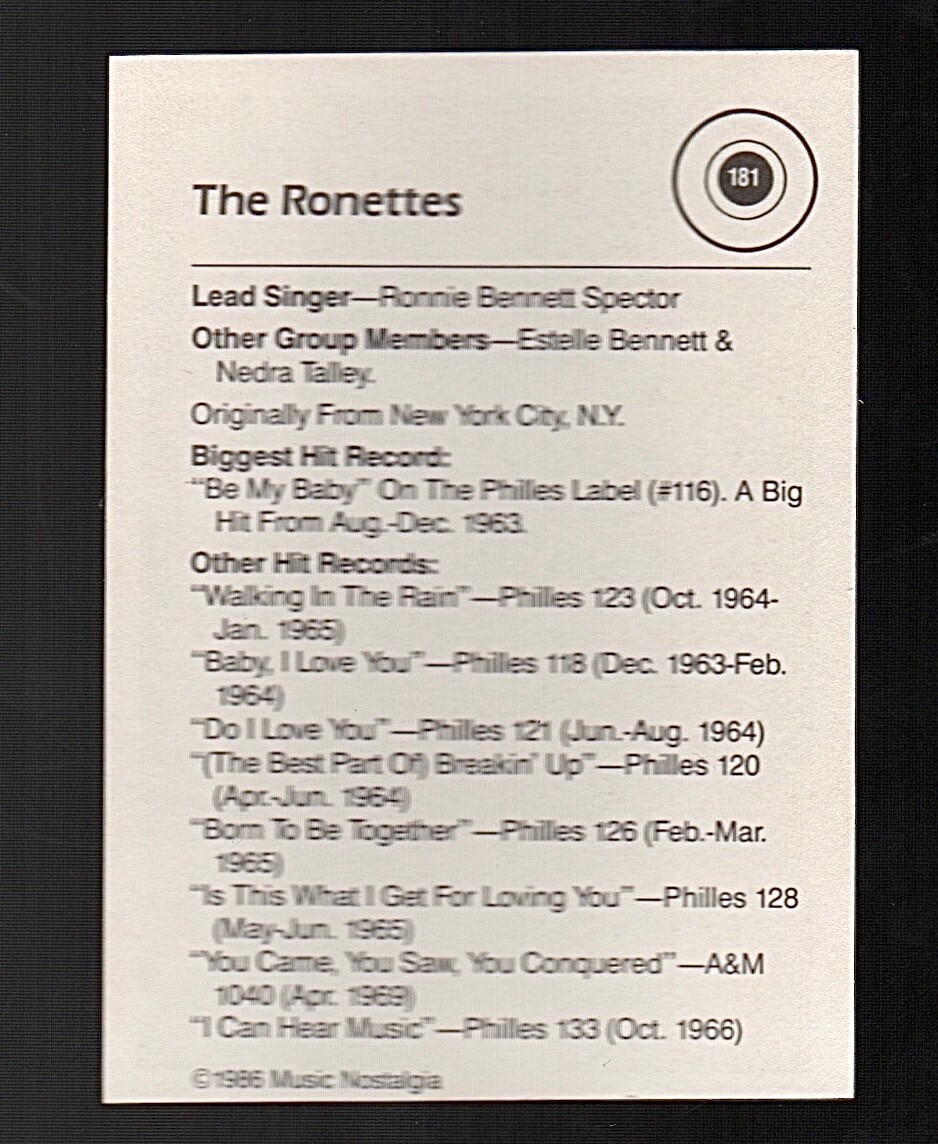 The Ronettes 1986 Music Nostalgia Trading Card #181 NM-MT)