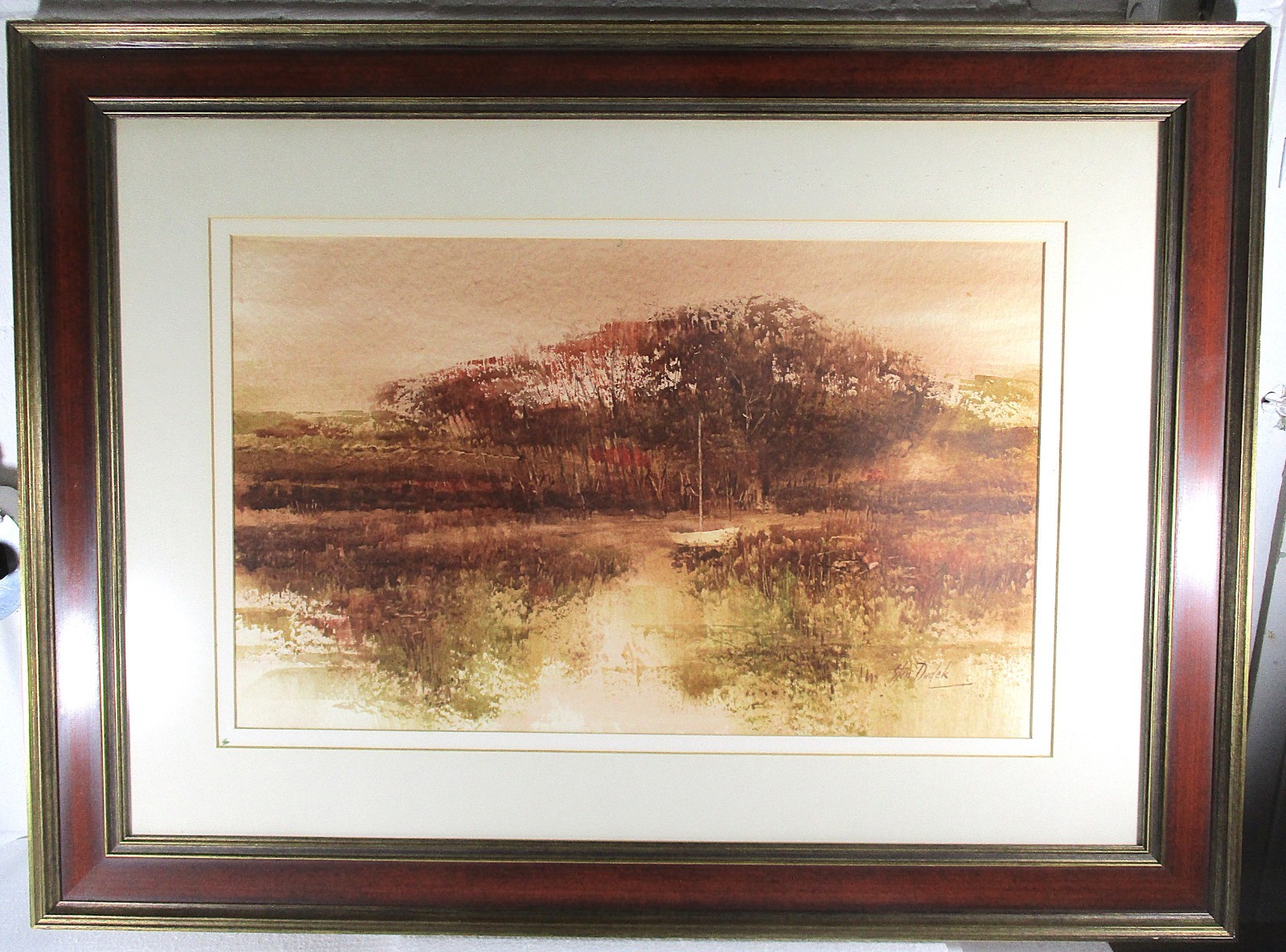 SEPIA MONOCHROME WATERCOLOR BY STAN DUDEK, ILLINOIS, COUNTRY LAKE, WOODLAND BOAT