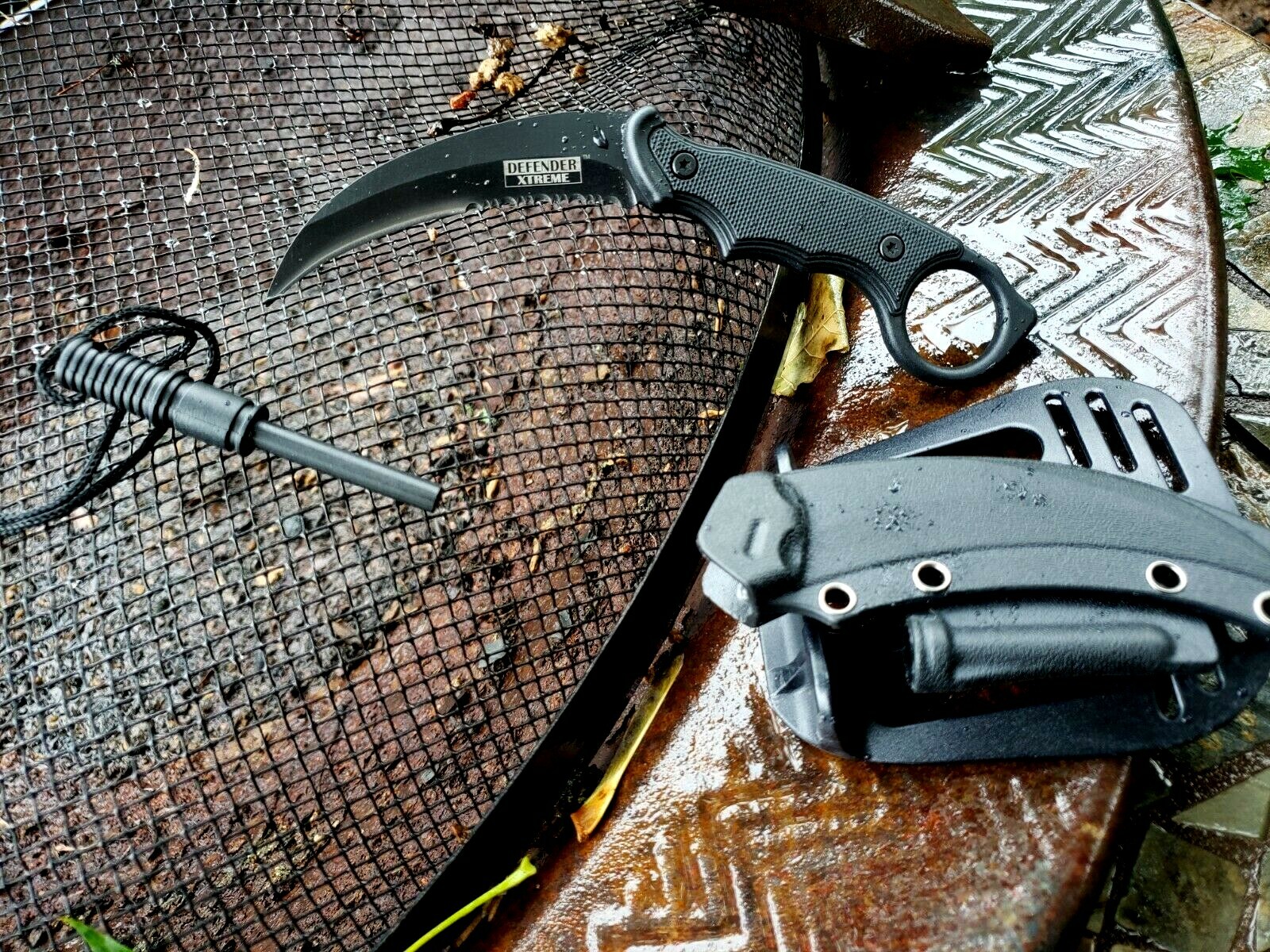 Conceal Carry Karambit Fixed Blade Boot Knife Fire Starter Flint Holster Sheath