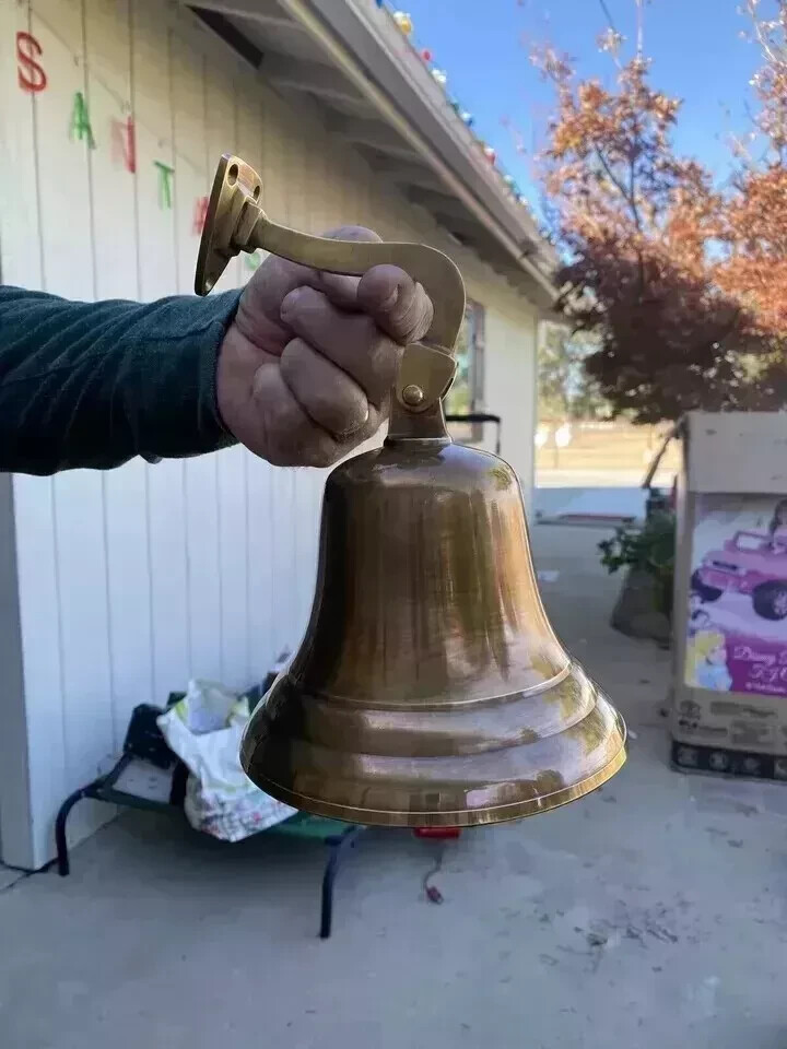 6″ Nautical Hanging Door Ship Bell Vintage Brass Big With Wall Mounted Bracket