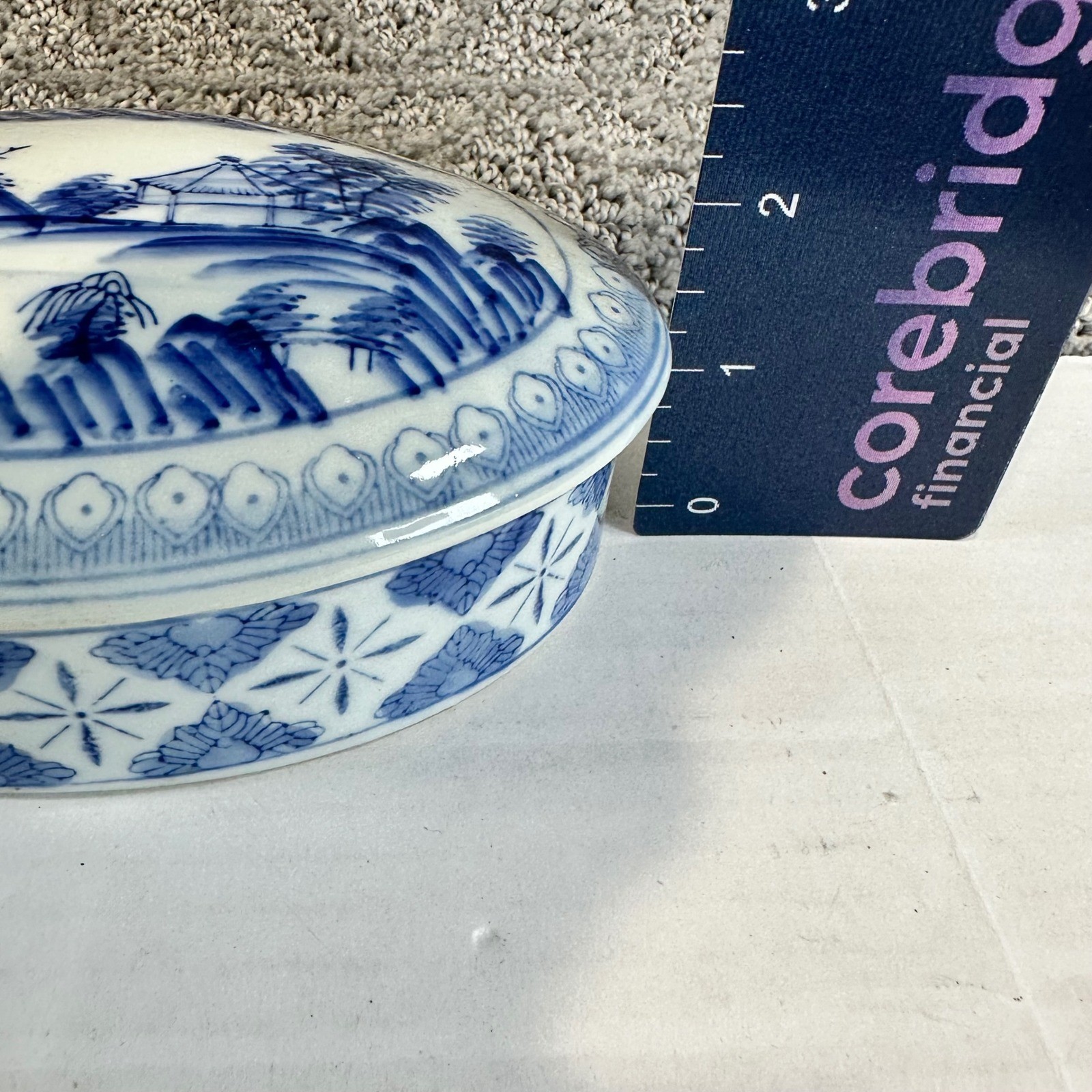 Vintage Blue White Oriental Landscape Decorative Trinket Box Oval Lid