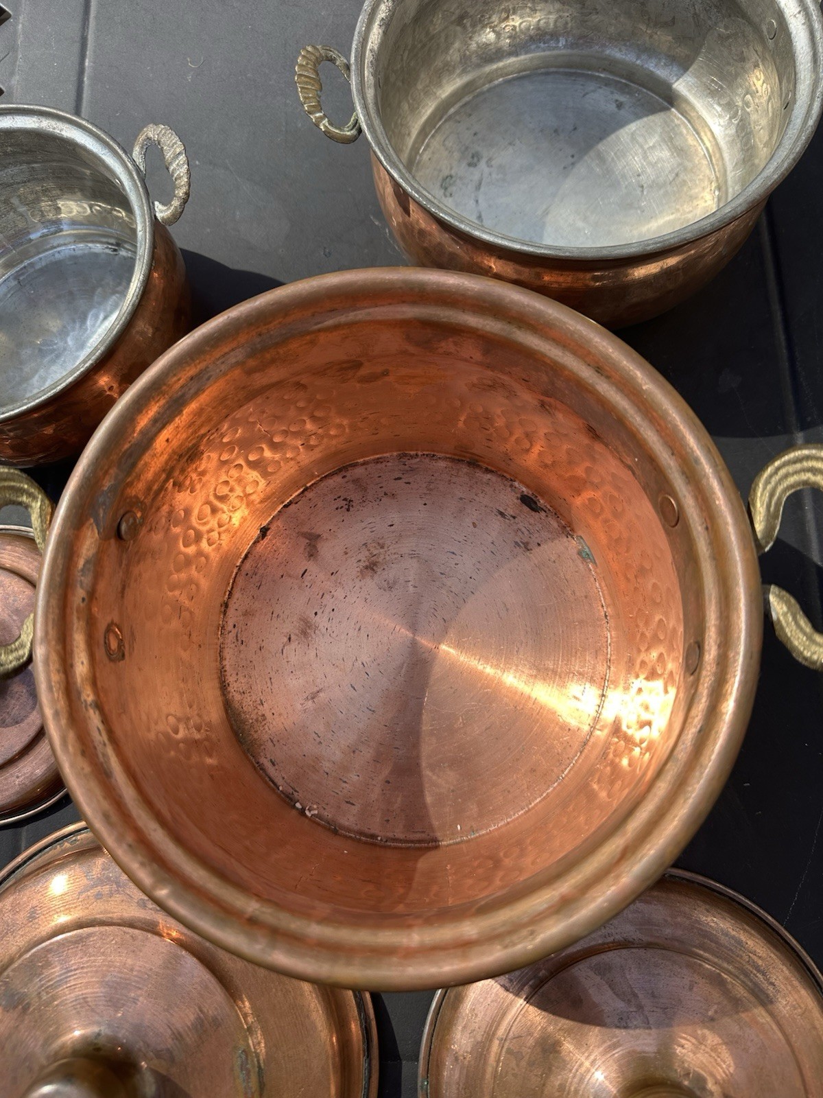 Turkish Copper Lidded Pots Set of 3 Brass Handles Decorative Kitchen Display