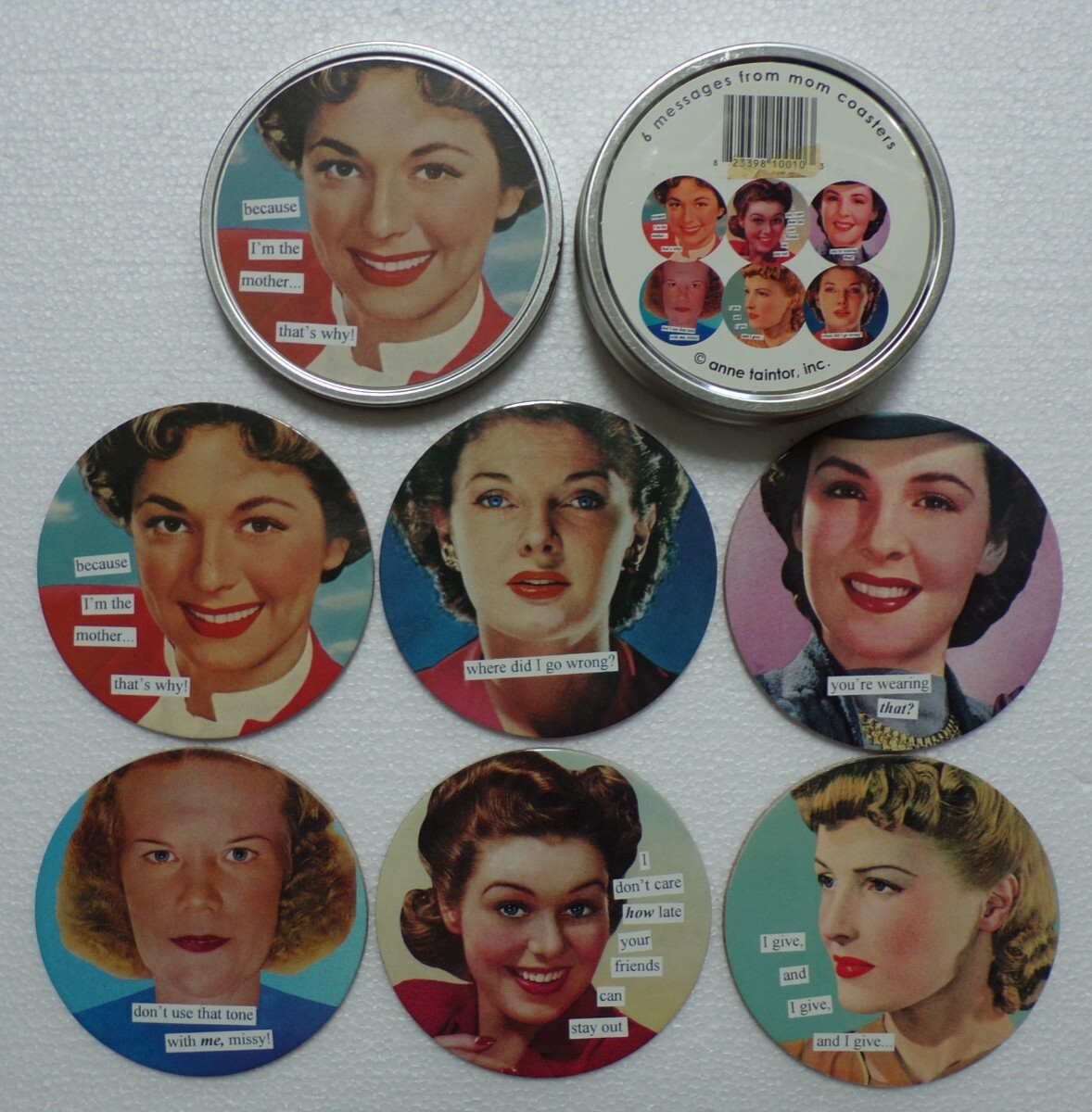 ANNE TAINTOR 6 CORK 3-7/8 INCH COASTERS „MESSAGES FROM MOM“ IN TIN BOX