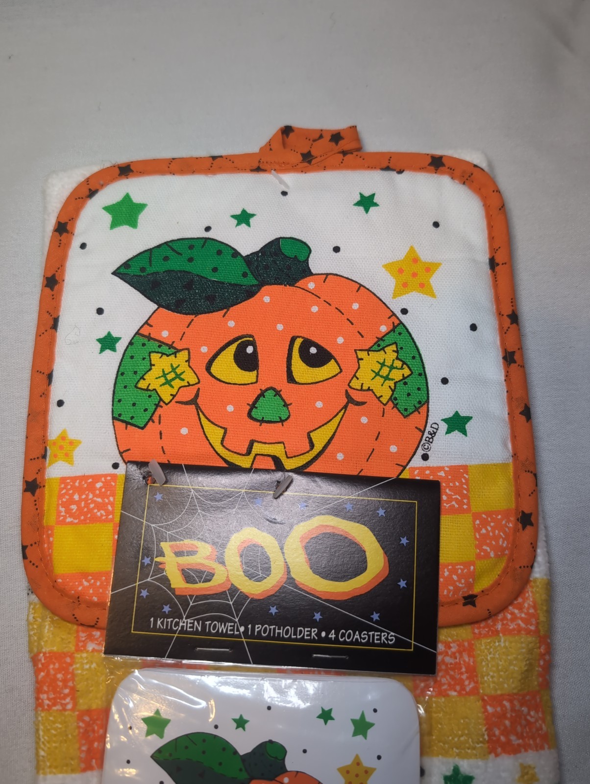 Vintage NOS Halloween Kitchen Set Hand Towel Potholder & 4 Coasters Set B&D