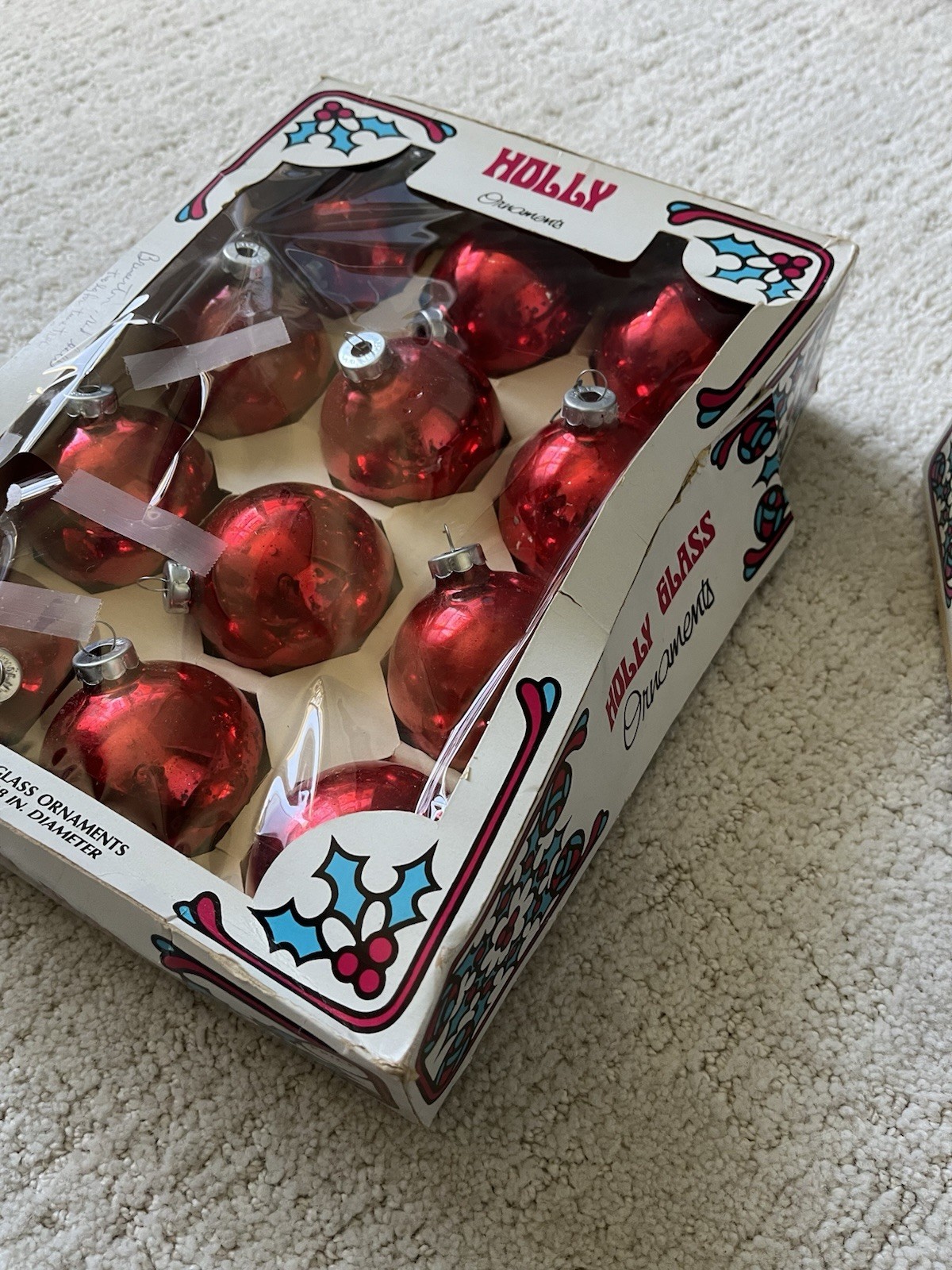 Vintage Holly Glass Red Christmas Ball Ornaments Lot 24 USA Original Boxes