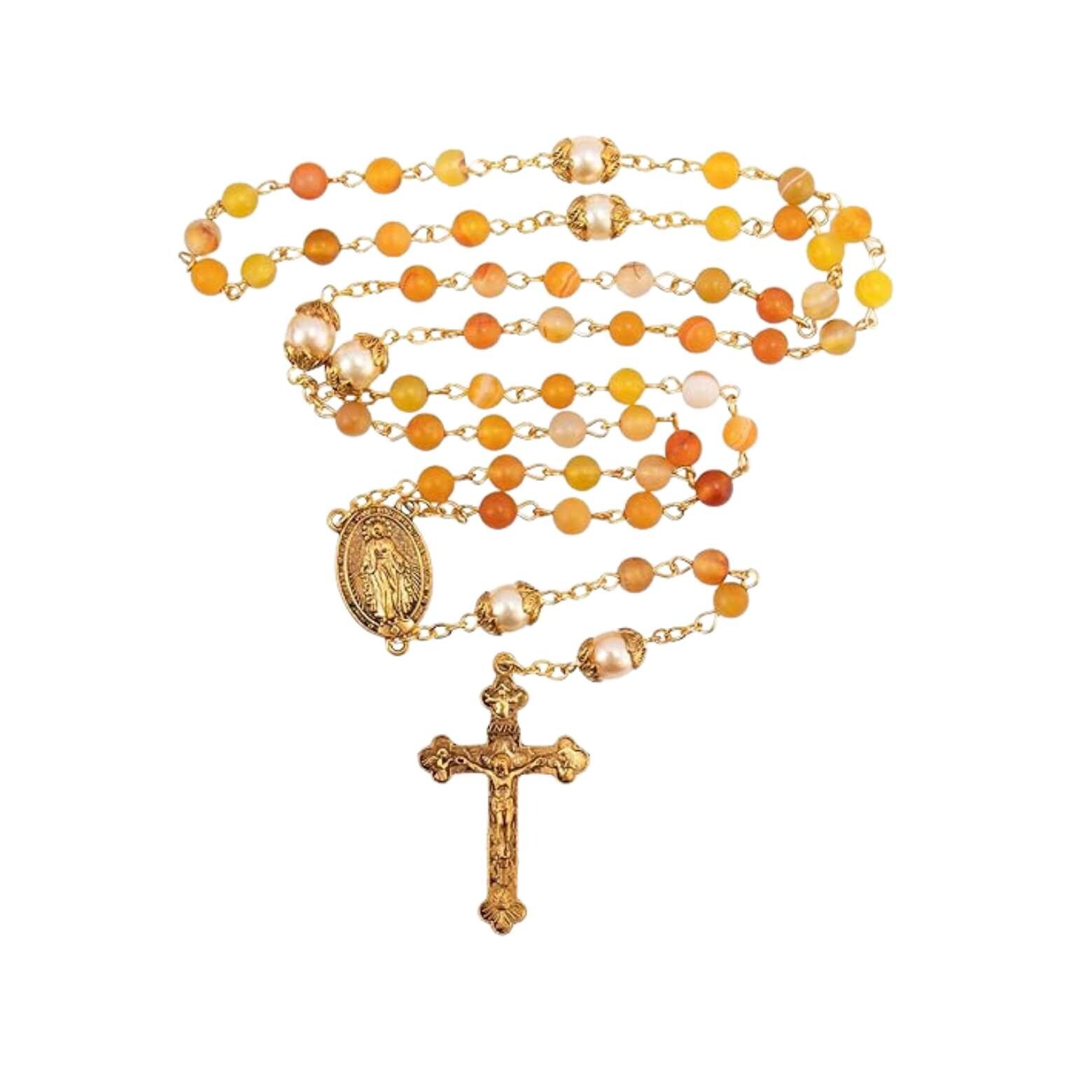 Matte Stone Yellow Pearl Beads Rosary Gold Necklace Miraculous Medal & Cross