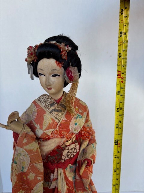 Vintage Japanese Geisha Doll In Traditional Kimono, Hand Made on Wood Base 18″
