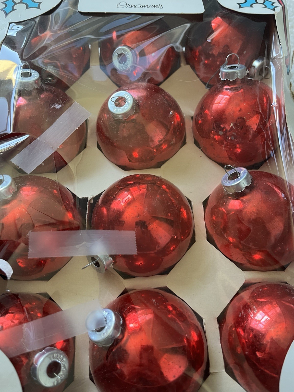 Vintage Holly Glass Red Christmas Ball Ornaments Lot 24 USA Original Boxes