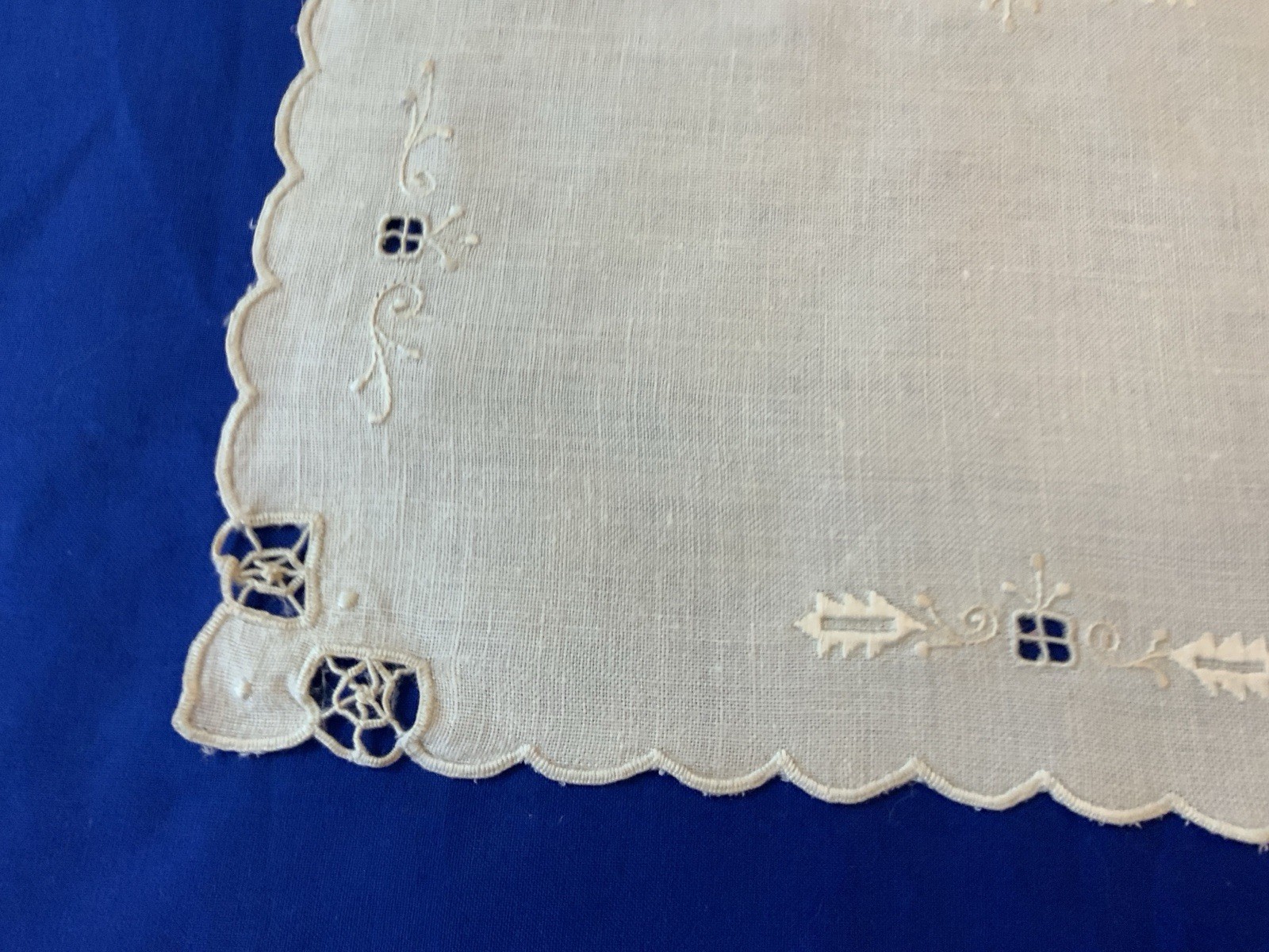 Vintage Antique Rectangle Doily, Flower Embroidery, Linen, Off White