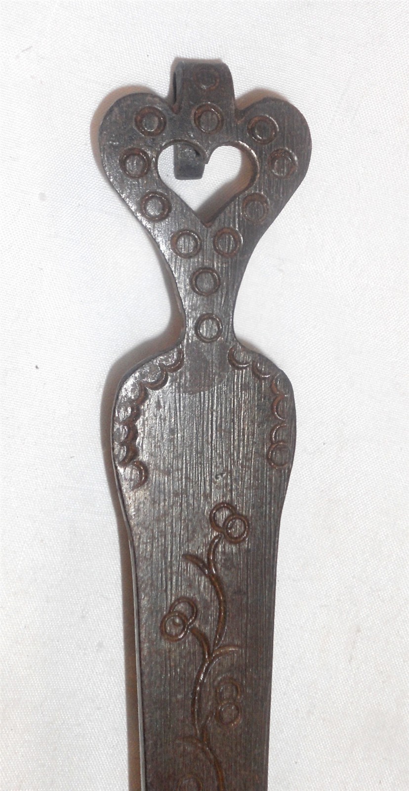 Kieffer Wrought Iron Butcher Fork Decorated Handle Heart Shaped Rat Tail Hanger