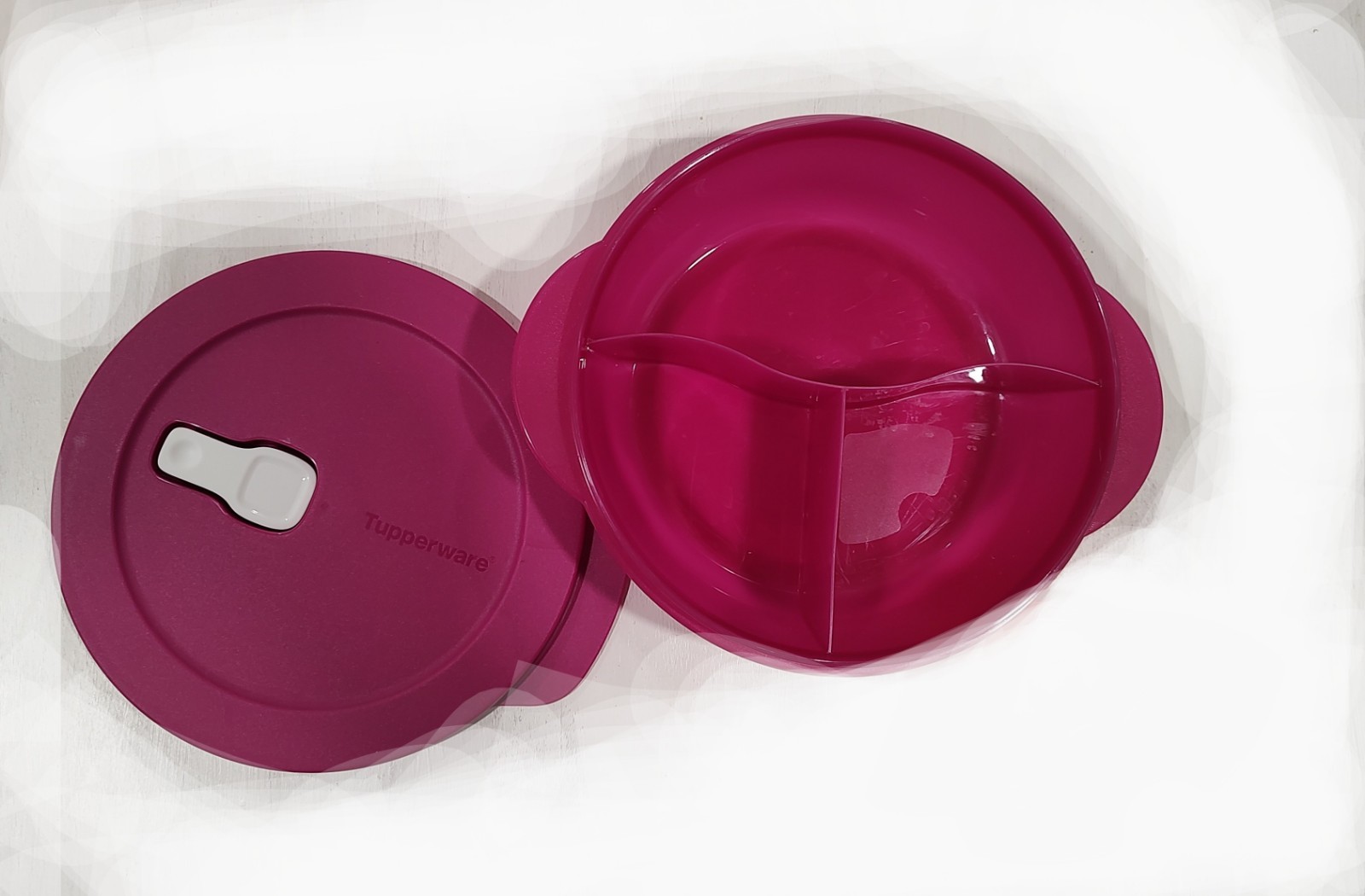 Tupperware Crystalwave Round Vented Divided Dish 1.5 Cup & 2-1 Cup Raspberry