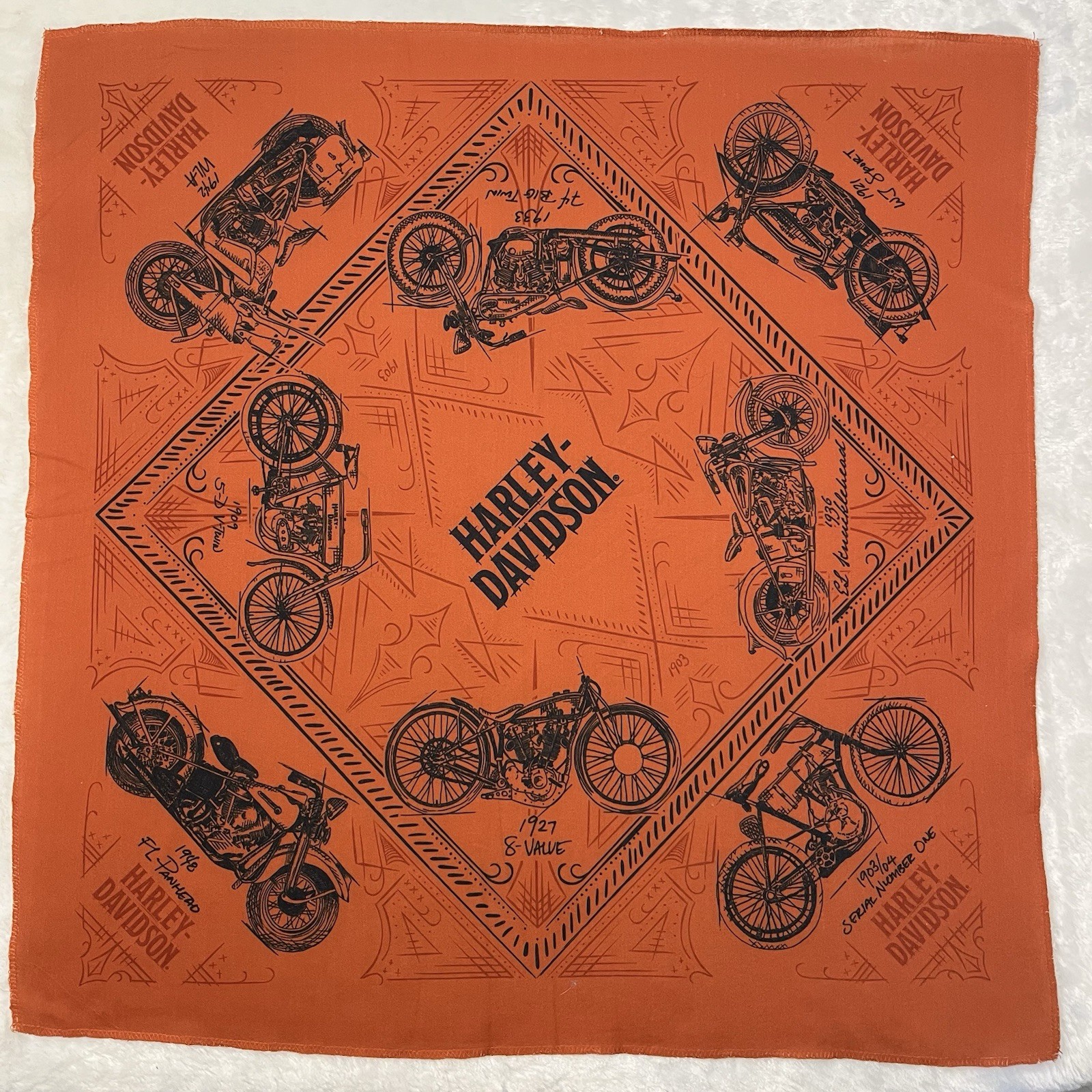 Vintage Harley Davidson Orange Motorcycle History Bandana Handkerchief