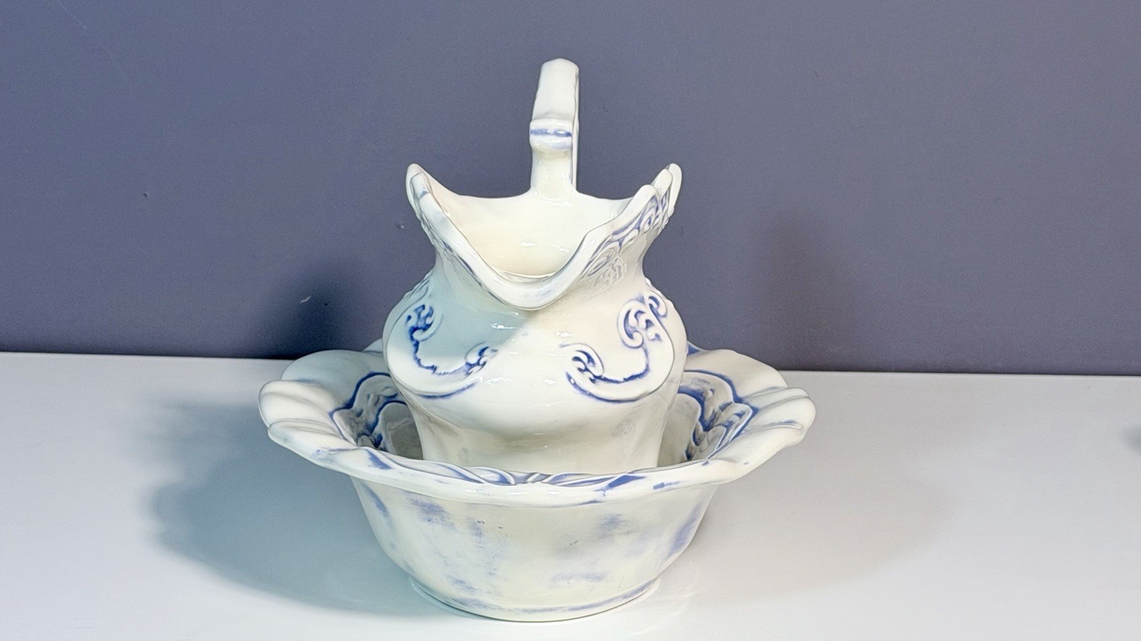 Vintage Arnels Blue White Pitcher & Basin Bowl Set Mid Century Farmhouse